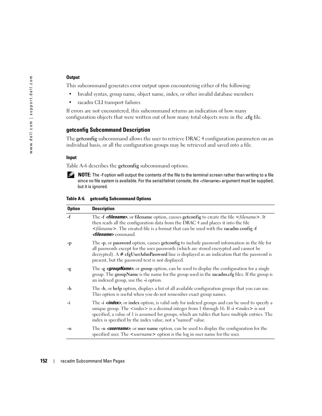 Dell Remote Access Controller 4 Firmware Version 1.30 manual Getconfig Subcommand Description, 152, Filename command 