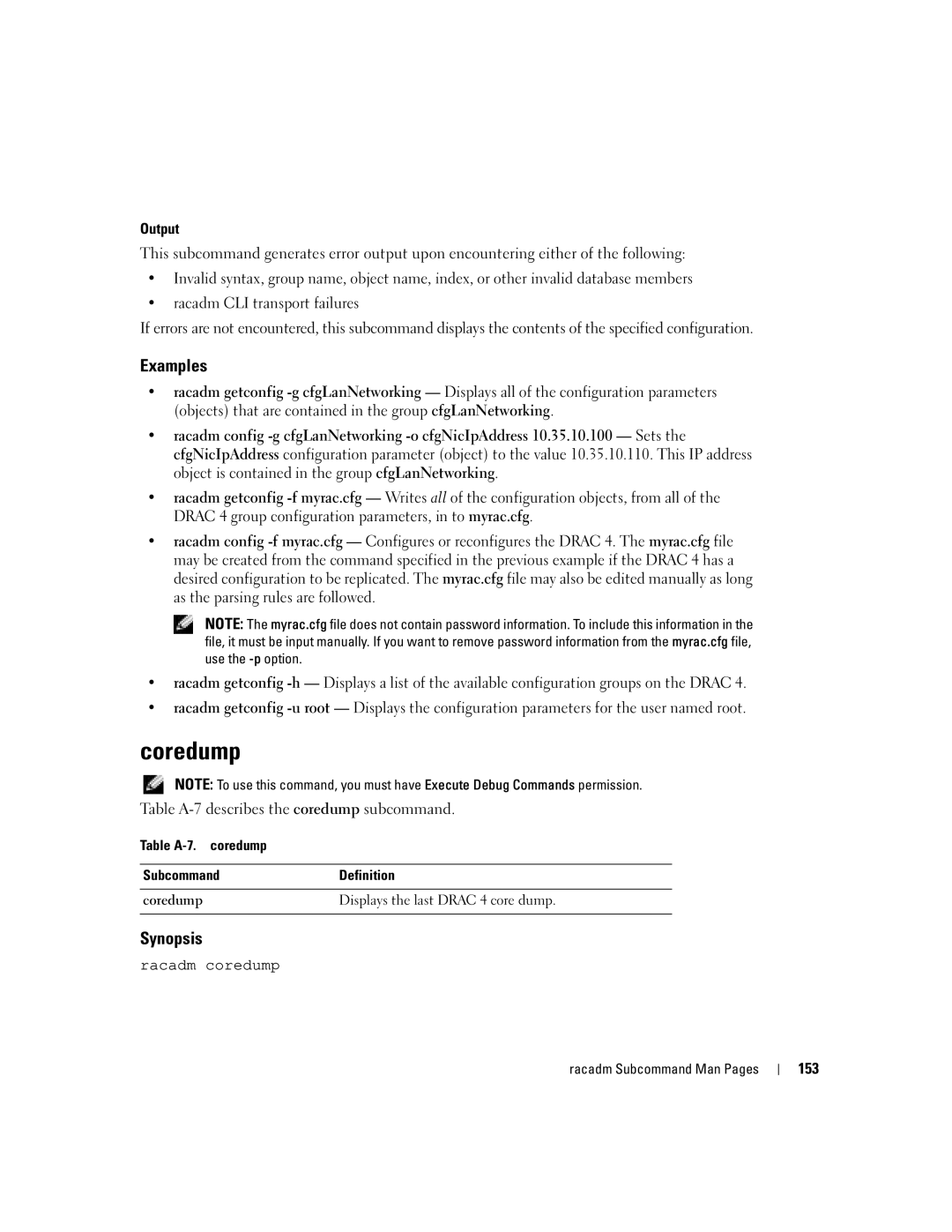 Dell Remote Access Controller 4 Firmware Version 1.30 Coredump, Examples, Table A-7 describes the coredump subcommand, 153 