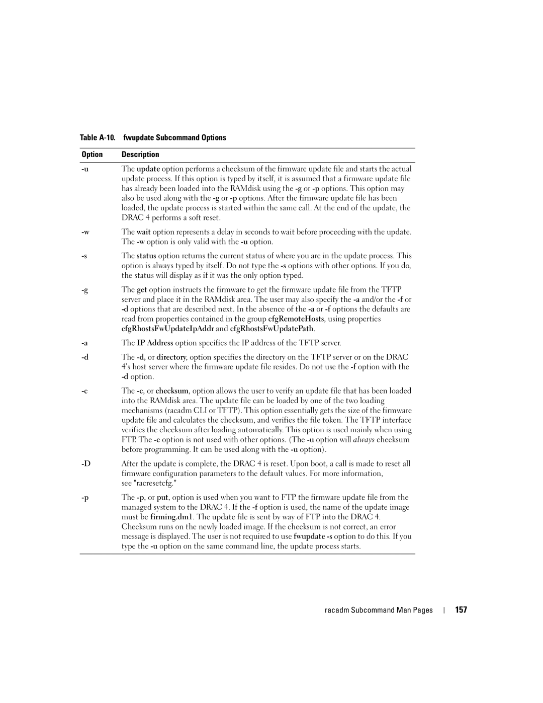 Dell Remote Access Controller 4 Firmware Version 1.30 manual 157, Table A-10. fwupdate Subcommand Options Description 