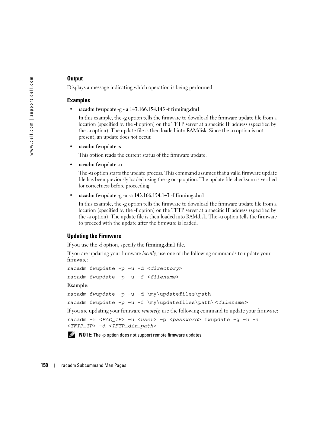 Dell Remote Access Controller 4 Firmware Version 1.30 manual Updating the Firmware, 158 