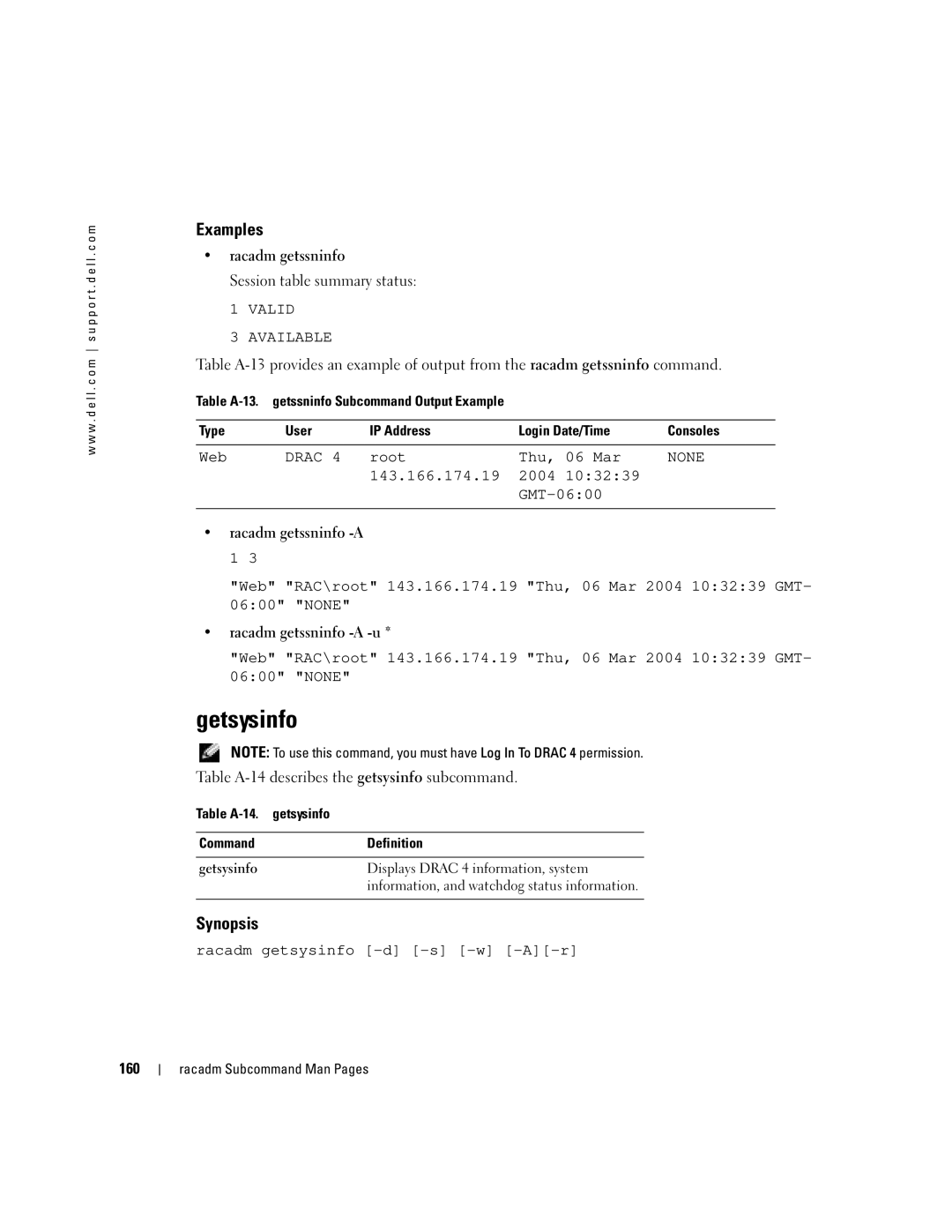 Dell Remote Access Controller 4 Firmware Version 1.30 Getsysinfo, Web, Root Thu 06 Mar, Racadm getsysinfo -d -s -w -A-r 