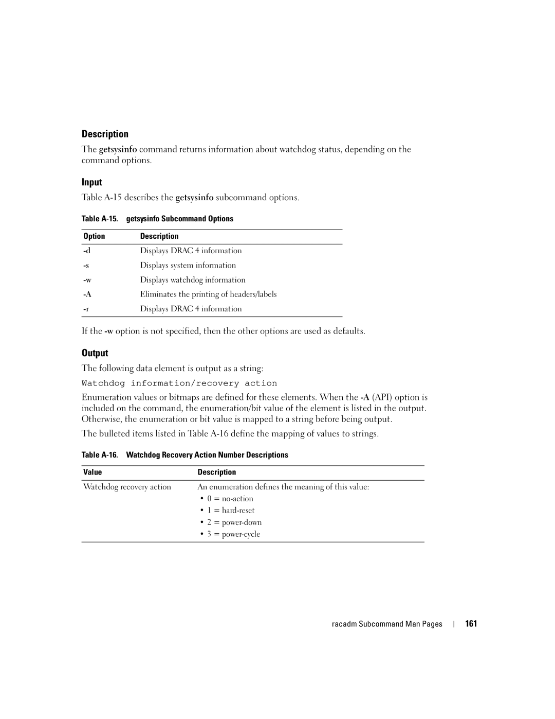 Dell Remote Access Controller 4 Firmware Version 1.30 manual Table A-15 describes the getsysinfo subcommand options, 161 