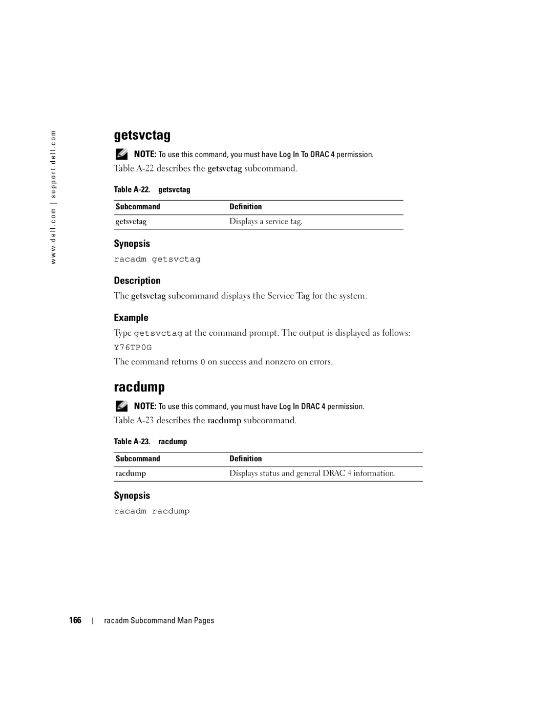Dell Remote Access Controller 4 Firmware Version 1.30 manual Getsvctag, Racdump, Example, Racadm getsvctag, Racadm racdump 