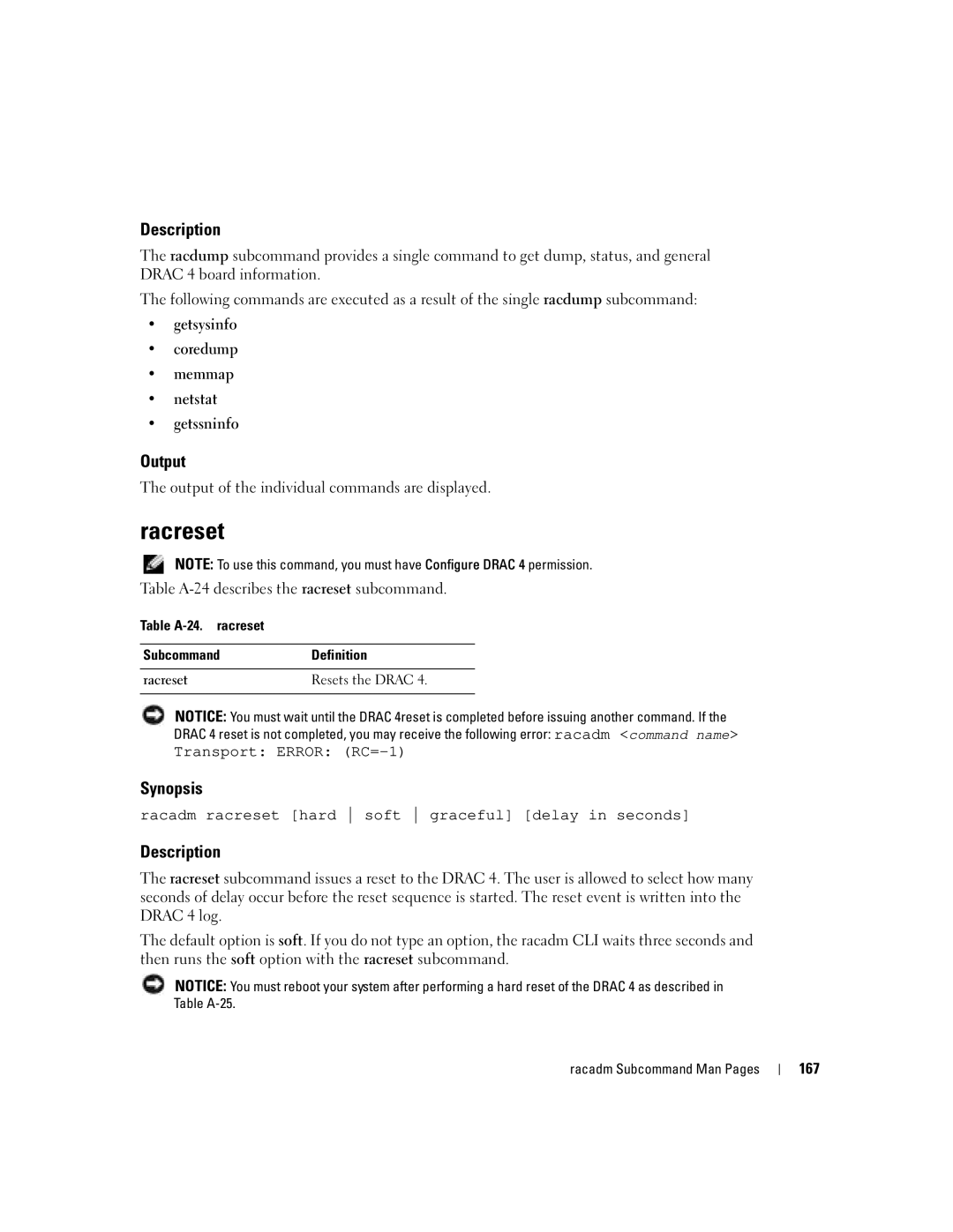 Dell Remote Access Controller 4 Firmware Version 1.30 manual Racreset, Transport Error RC=-1 