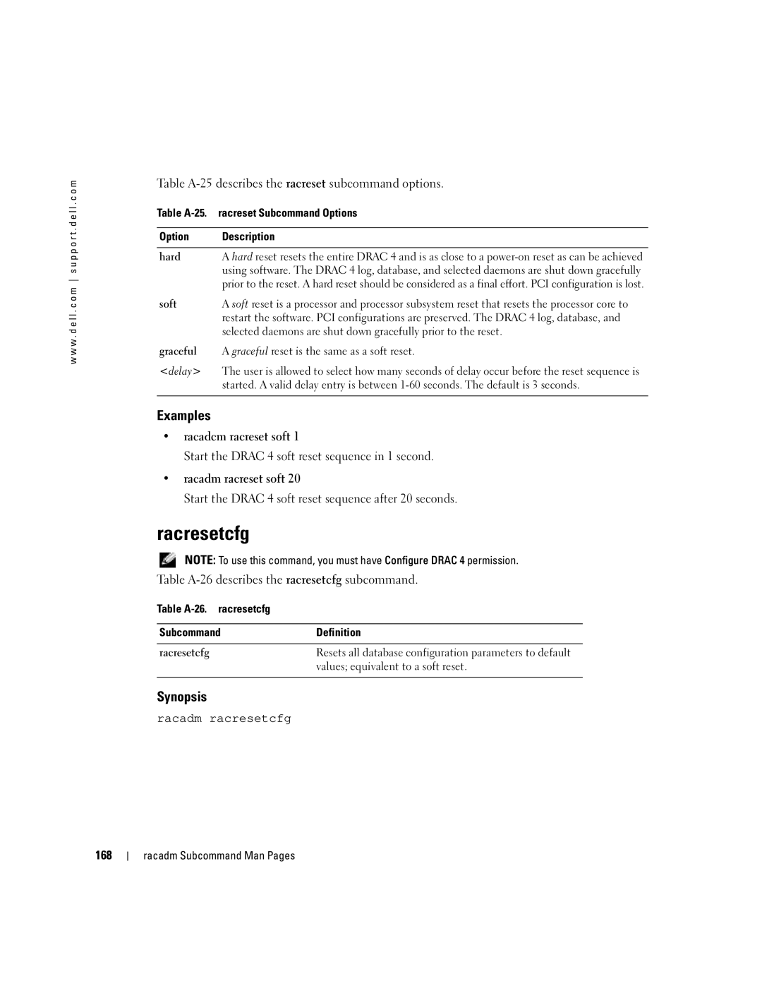 Dell Remote Access Controller 4 Firmware Version 1.30 Racresetcfg, Table A-25 describes the racreset subcommand options 