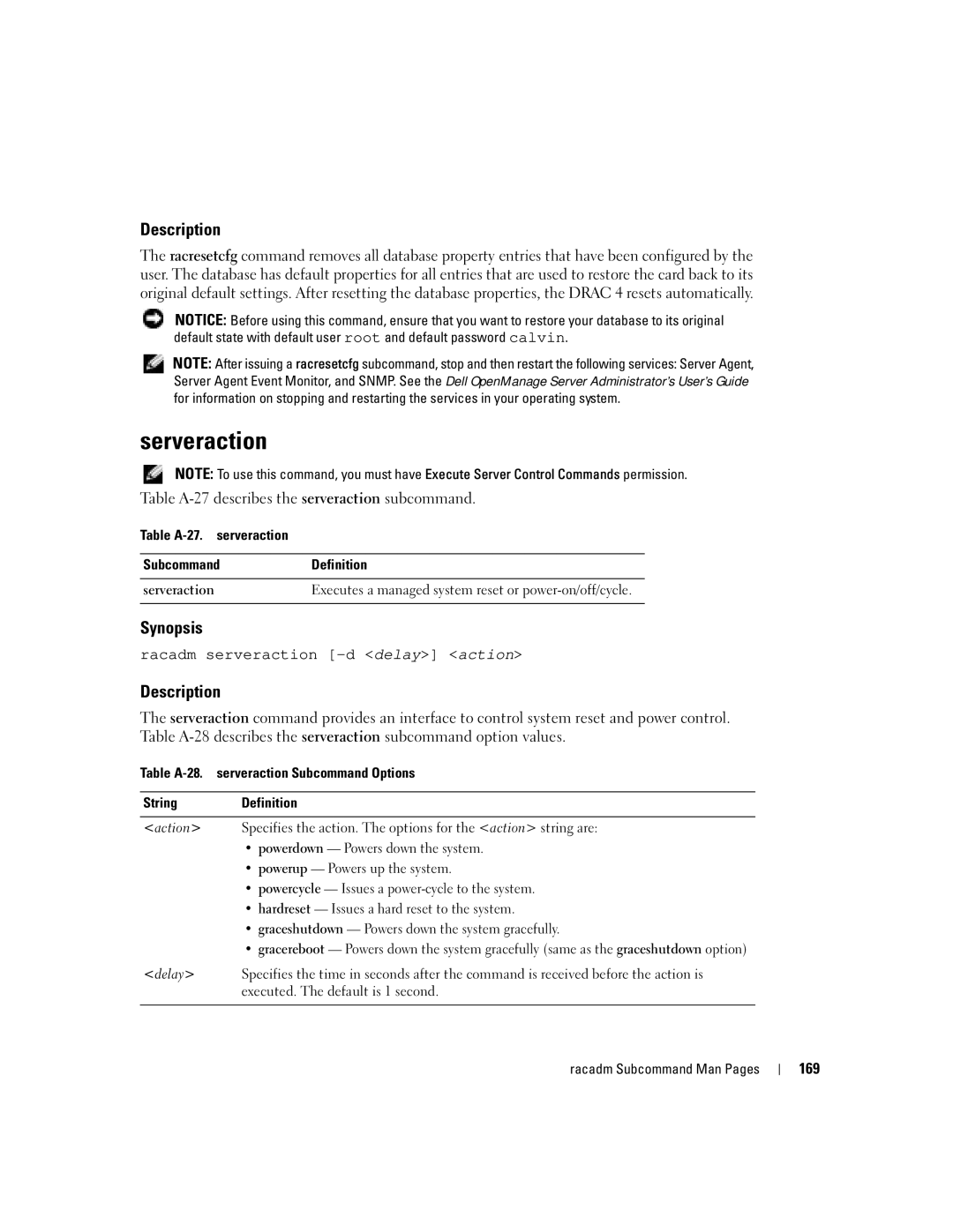 Dell Remote Access Controller 4 Firmware Version 1.30 Serveraction, Table A-27 describes the serveraction subcommand, 169 