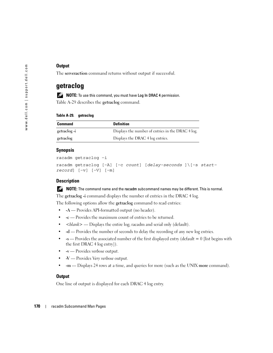 Dell Remote Access Controller 4 Firmware Version 1.30 Getraclog, Serveraction command returns without output if successful 