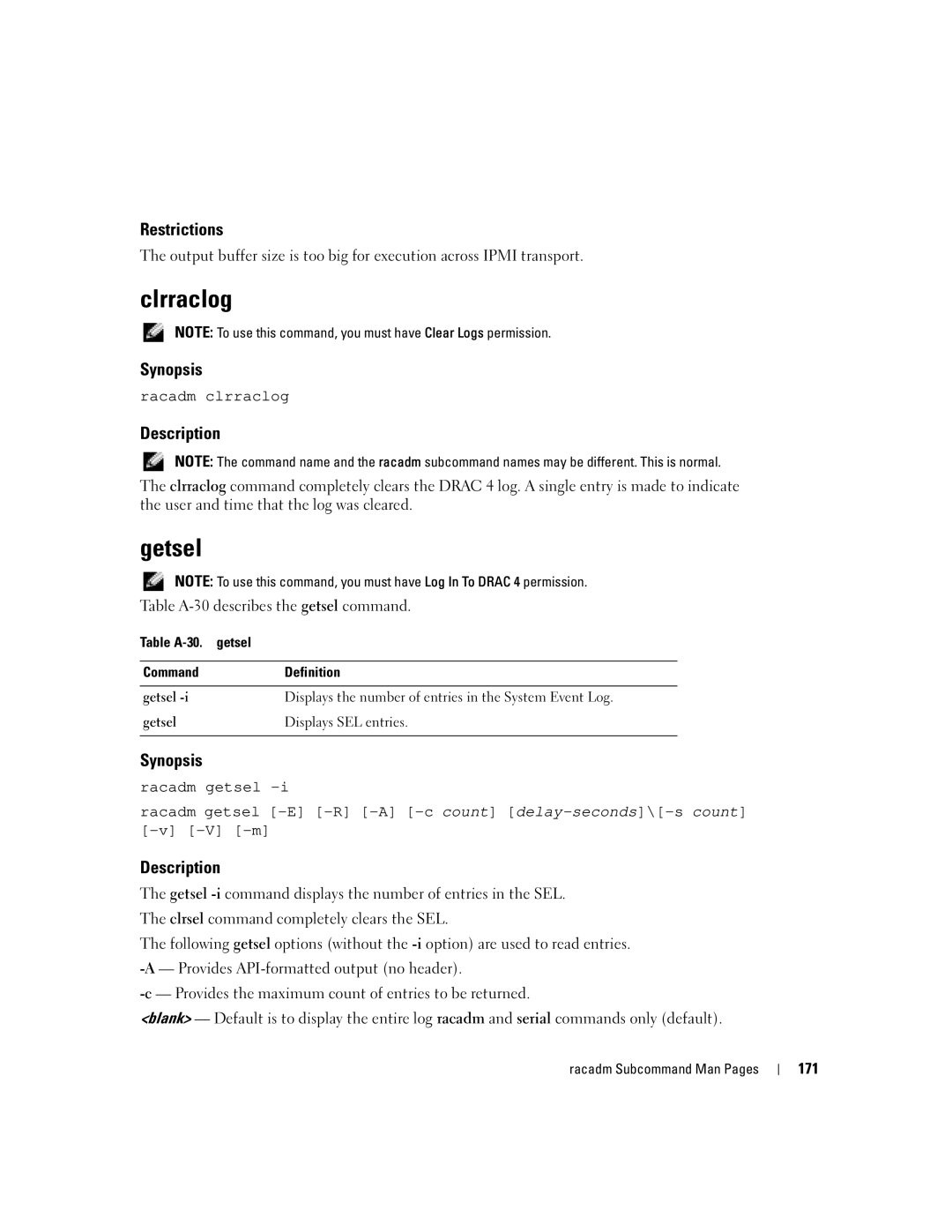 Dell Remote Access Controller 4 Firmware Version 1.30 manual Clrraclog, Getsel, Racadm clrraclog, 171 