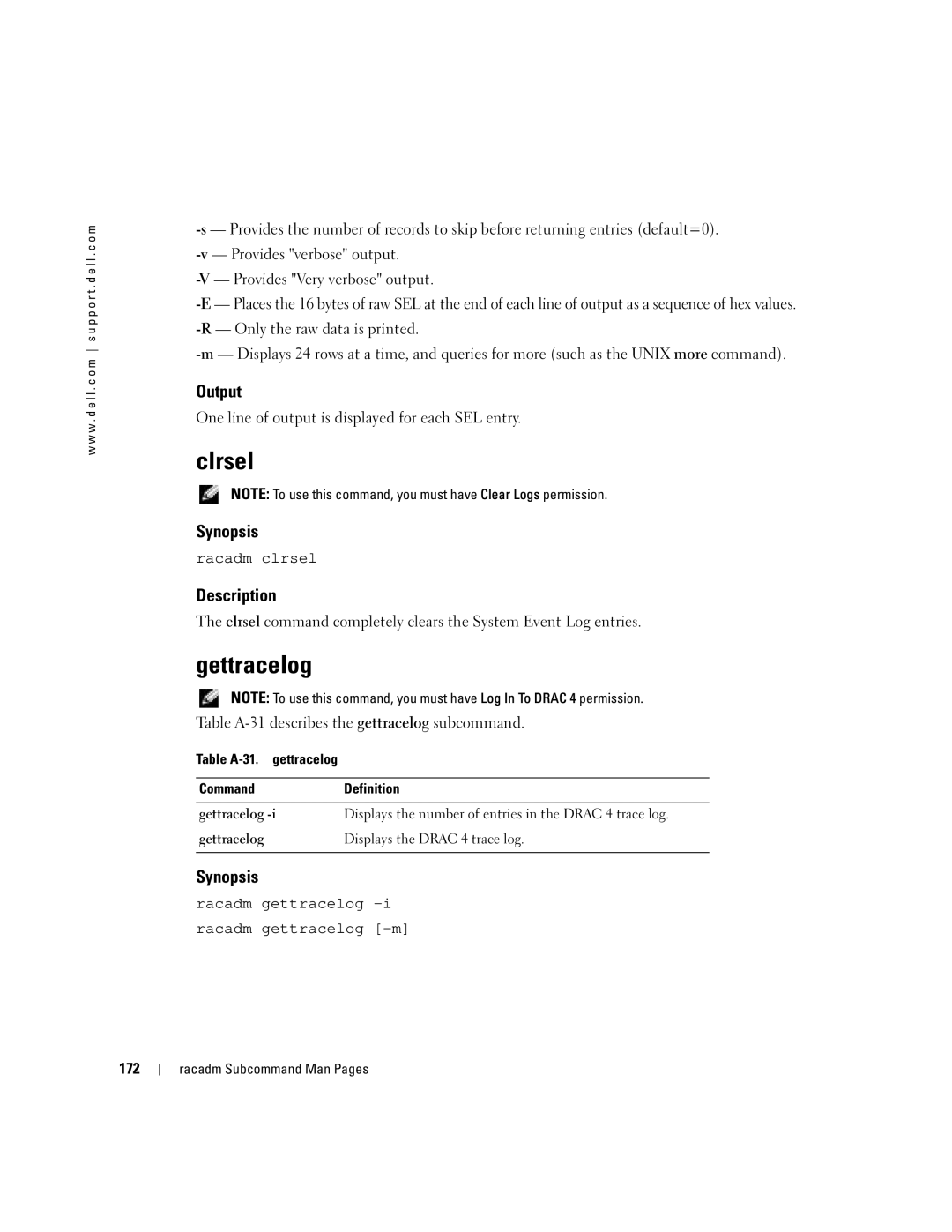 Dell Remote Access Controller 4 Firmware Version 1.30 manual Clrsel, Gettracelog, Racadm clrsel 