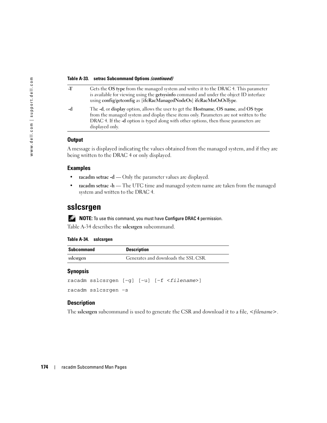 Dell Remote Access Controller 4 Firmware Version 1.30 manual Sslcsrgen, Table A-34 describes the sslcsrgen subcommand 