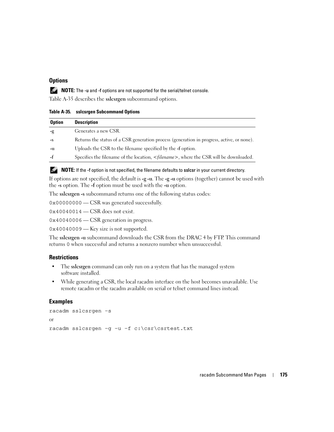 Dell Remote Access Controller 4 Firmware Version 1.30 Options, Table A-35 describes the sslcsrgen subcommand options, 175 