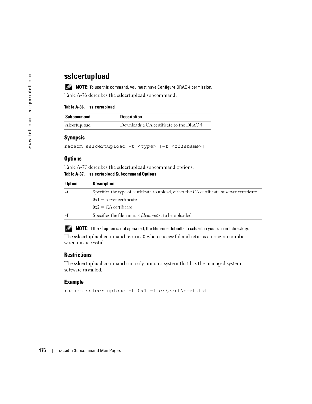 Dell Remote Access Controller 4 Firmware Version 1.30 manual Sslcertupload, Racadm sslcertupload -t type -f filename 