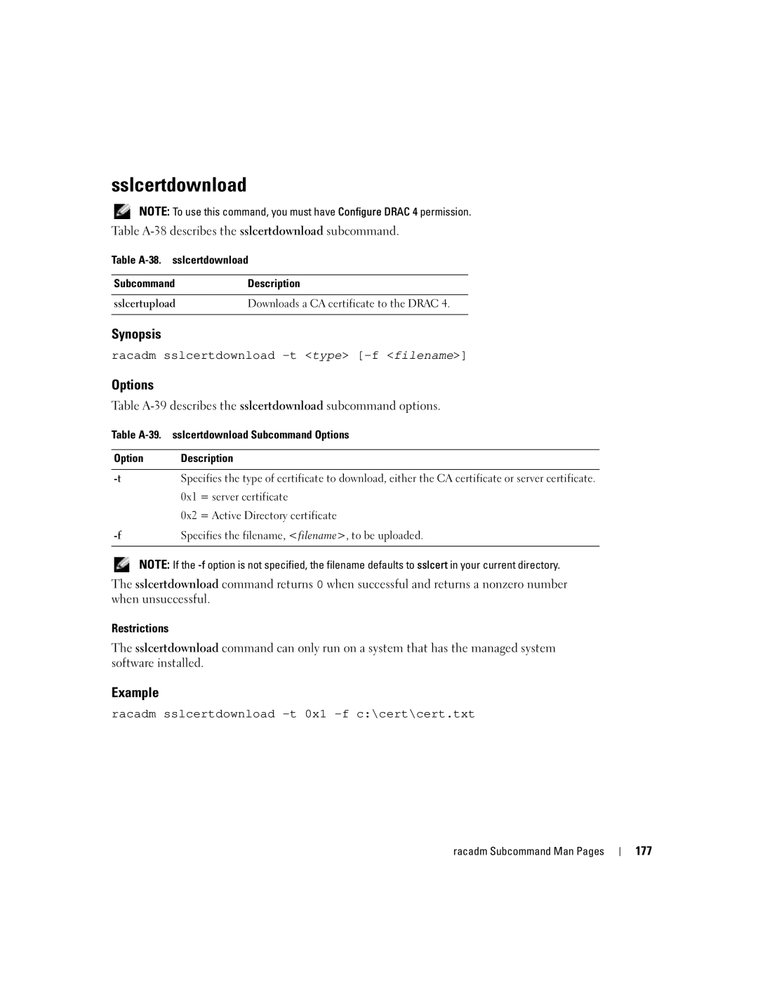 Dell Remote Access Controller 4 Firmware Version 1.30 manual Sslcertdownload, Racadm sslcertdownload -t type -f filename 