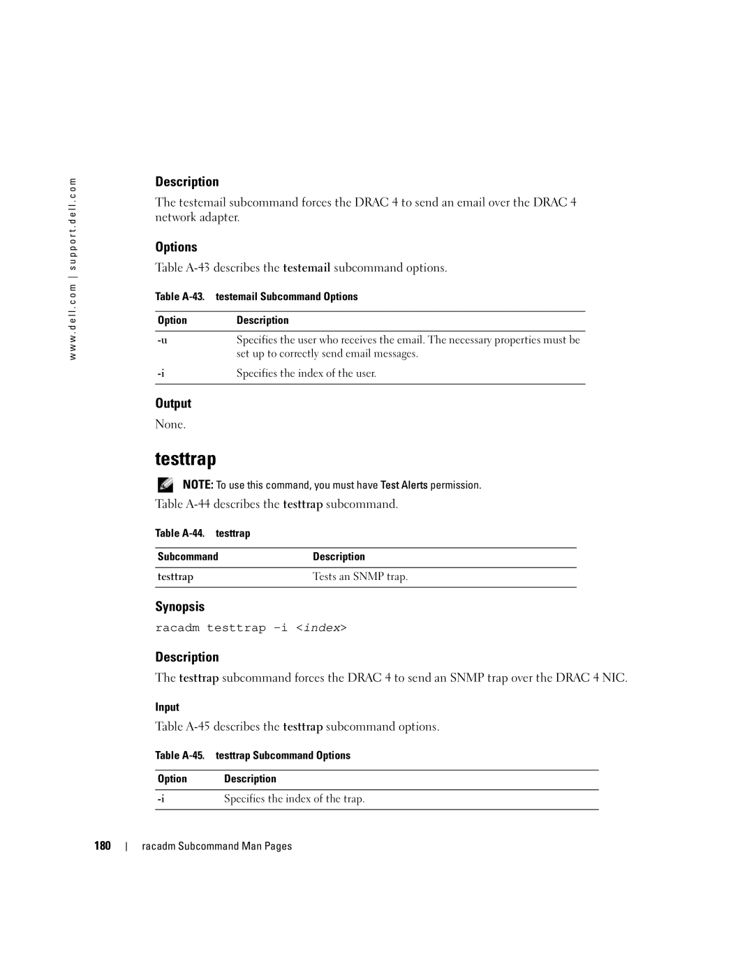 Dell Remote Access Controller 4 Firmware Version 1.30 manual Testtrap, Racadm testtrap -i index 