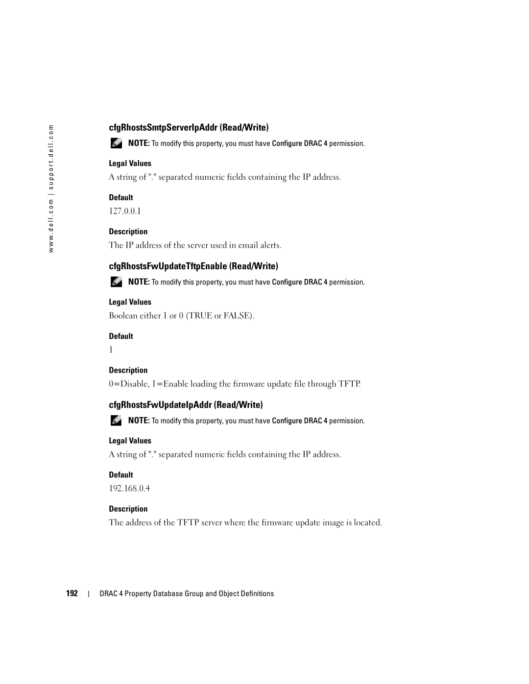 Dell Remote Access Controller 4 Firmware Version 1.30 manual CfgRhostsSmtpServerIpAddr Read/Write 