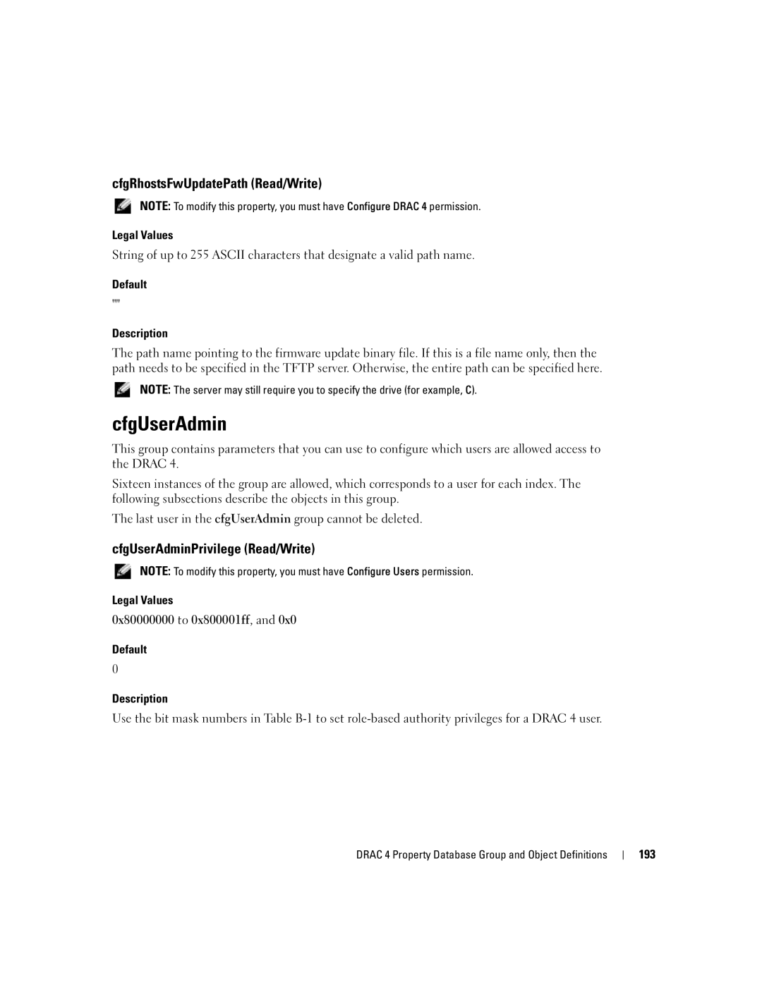 Dell Remote Access Controller 4 Firmware Version 1.30 CfgUserAdmin, CfgRhostsFwUpdatePath Read/Write, Legal Values, 193 