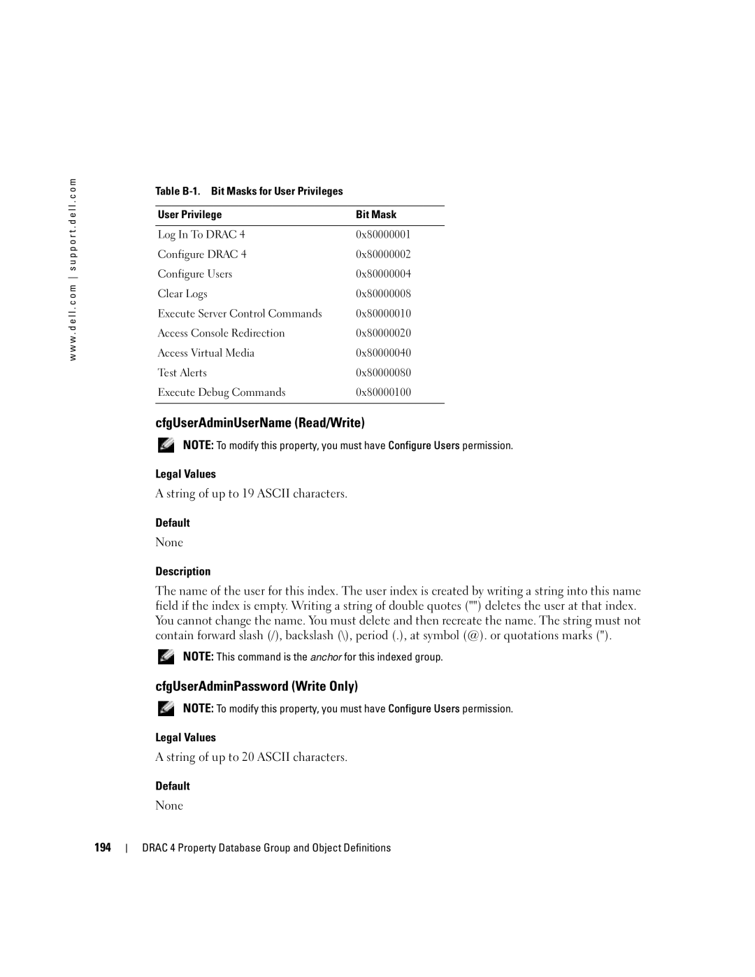 Dell Remote Access Controller 4 Firmware Version 1.30 CfgUserAdminUserName Read/Write, CfgUserAdminPassword Write Only 