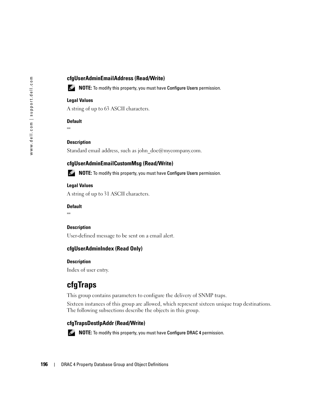 Dell Remote Access Controller 4 Firmware Version 1.30 manual CfgTraps, CfgUserAdminEmailAddress Read/Write 