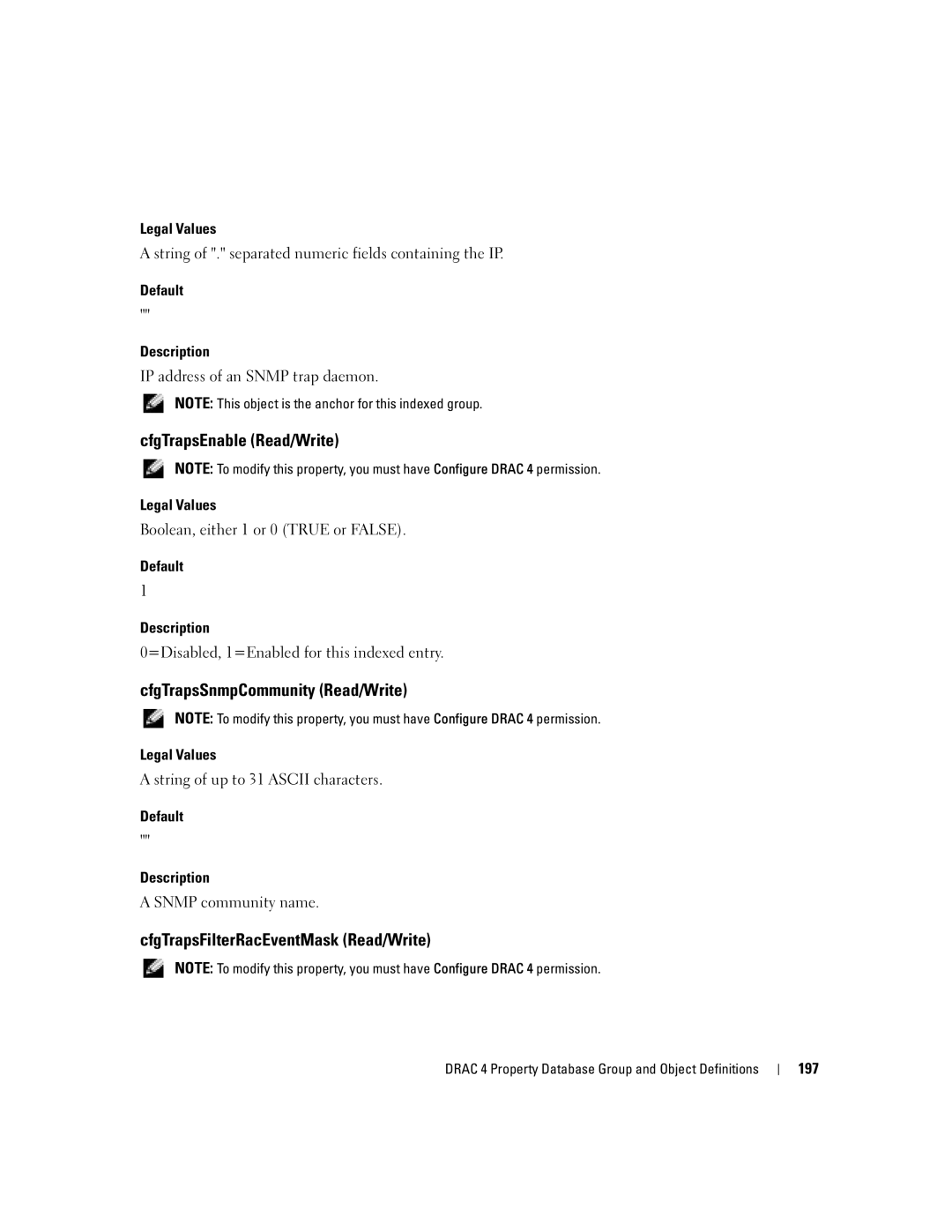 Dell Remote Access Controller 4 Firmware Version 1.30 CfgTrapsEnable Read/Write, CfgTrapsSnmpCommunity Read/Write, 197 
