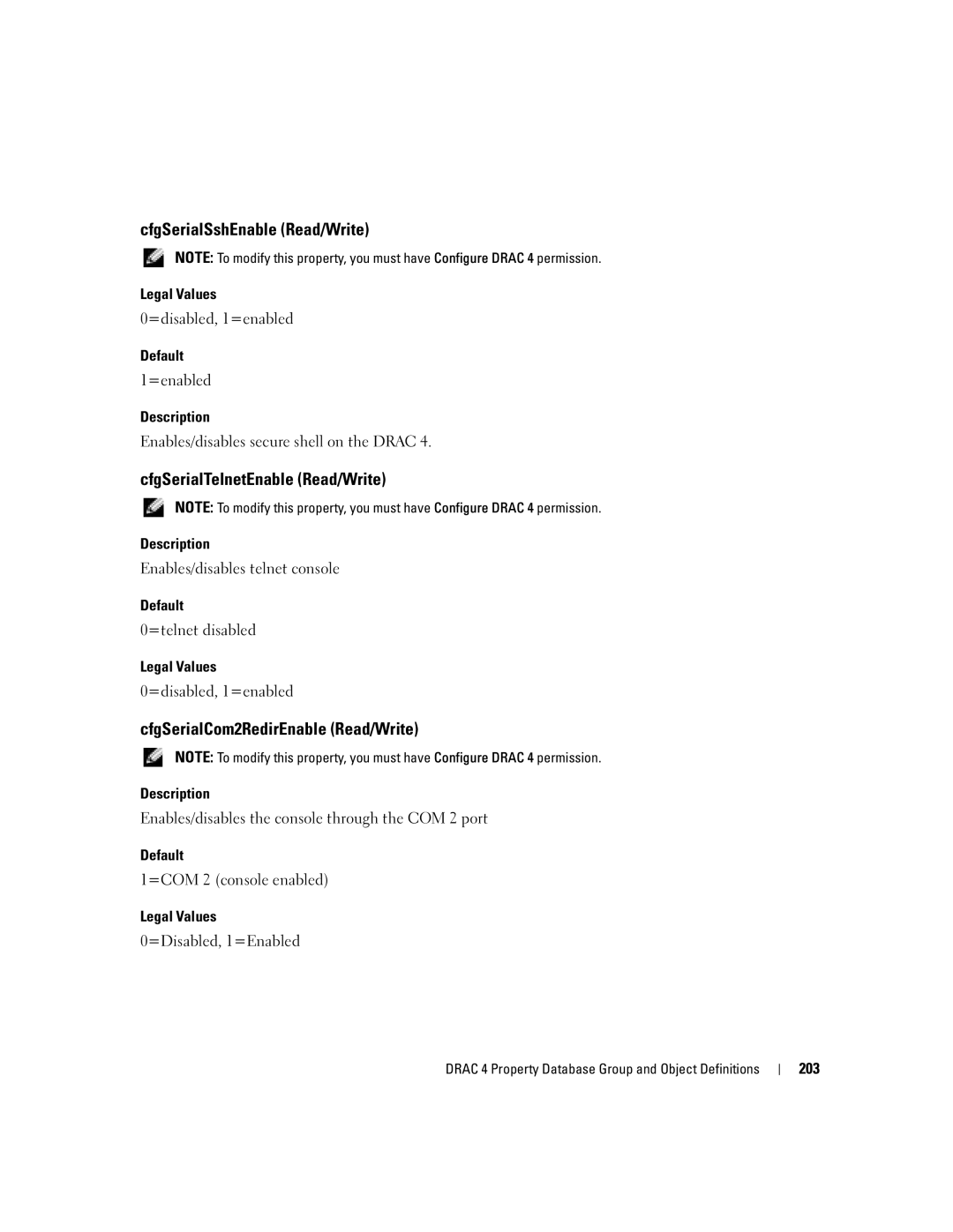 Dell Remote Access Controller 4 Firmware Version 1.30 CfgSerialSshEnable Read/Write, CfgSerialTelnetEnable Read/Write, 203 