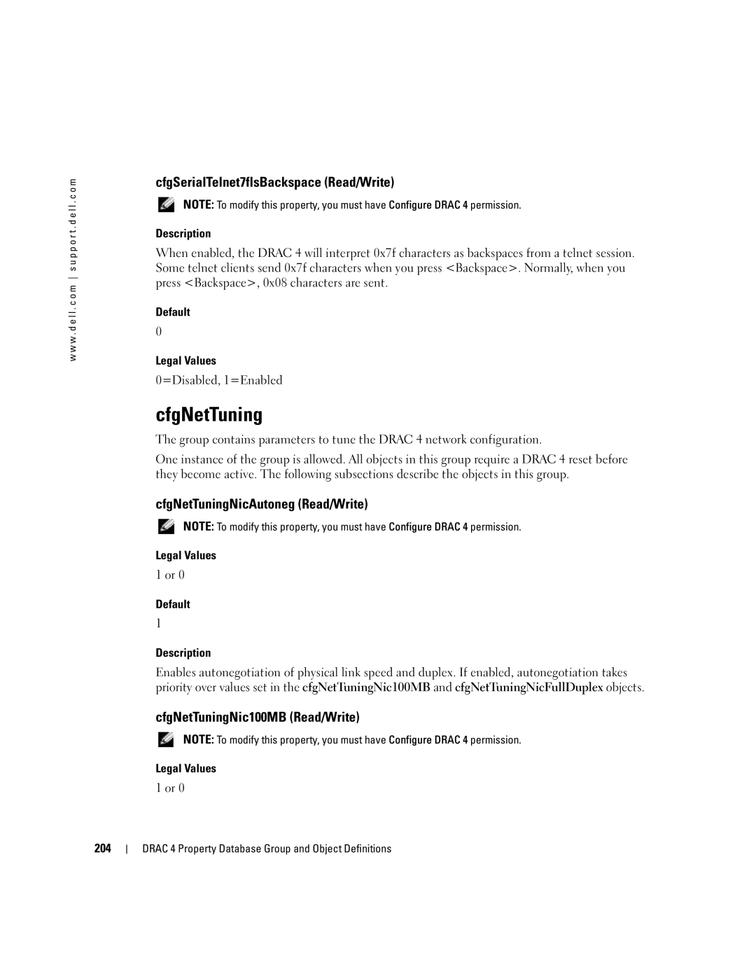 Dell Remote Access Controller 4 Firmware Version 1.30 manual CfgNetTuning, CfgSerialTelnet7flsBackspace Read/Write 