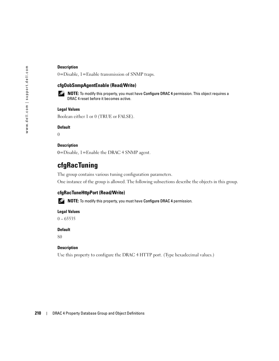 Dell Remote Access Controller 4 Firmware Version 1.30 manual CfgRacTuning, CfgOobSnmpAgentEnable Read/Write 