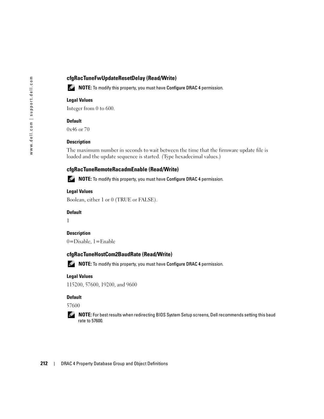 Dell Remote Access Controller 4 Firmware Version 1.30 manual CfgRacTuneFwUpdateResetDelay Read/Write 