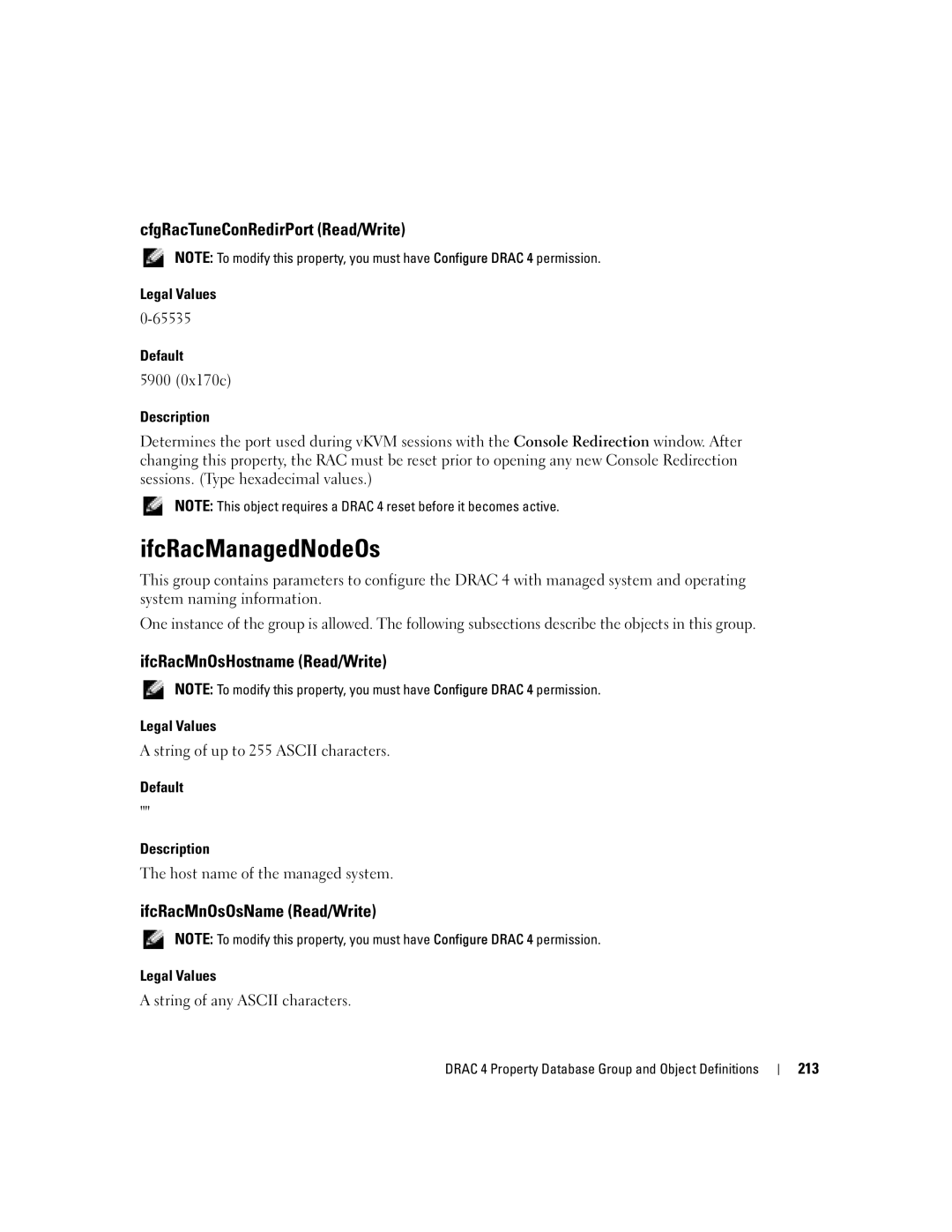 Dell Remote Access Controller 4 Firmware Version 1.30 manual IfcRacManagedNodeOs, CfgRacTuneConRedirPort Read/Write 
