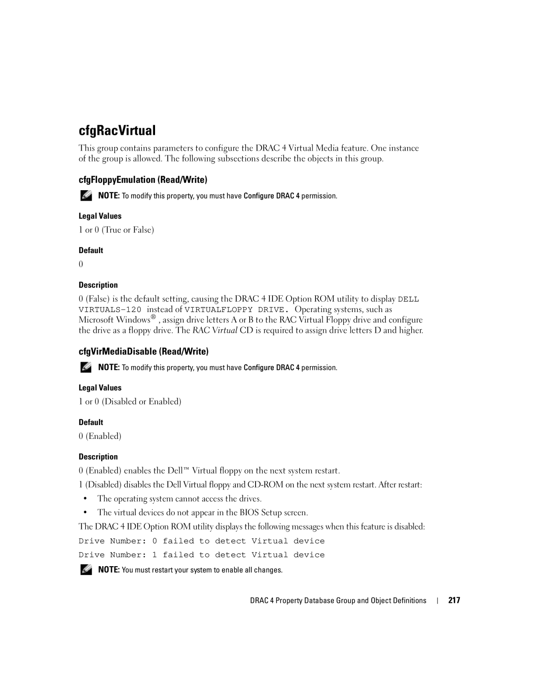 Dell Remote Access Controller 4 Firmware Version 1.30 manual CfgRacVirtual, CfgFloppyEmulation Read/Write, 217 