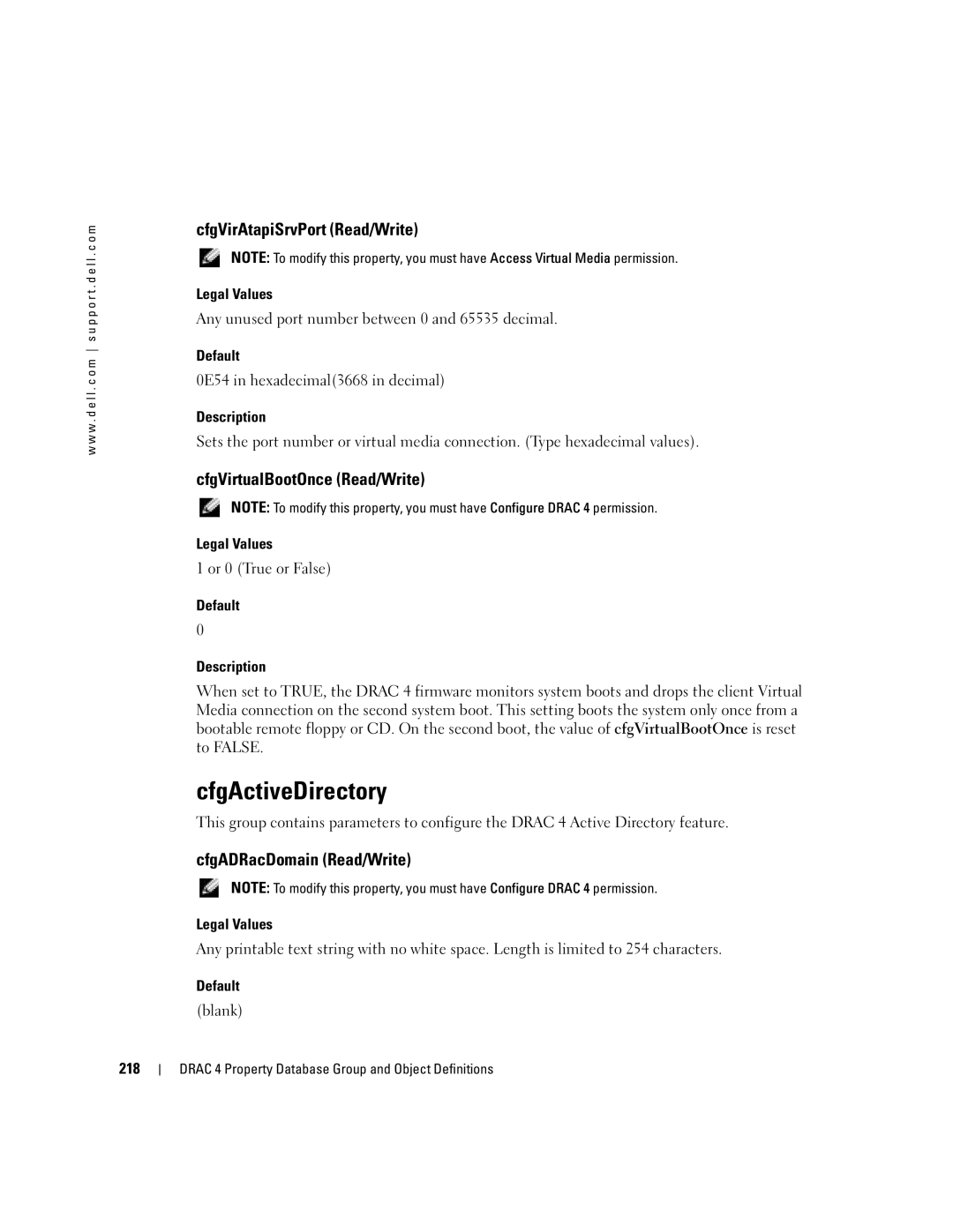 Dell Remote Access Controller 4 Firmware Version 1.30 manual CfgActiveDirectory, CfgVirAtapiSrvPort Read/Write 