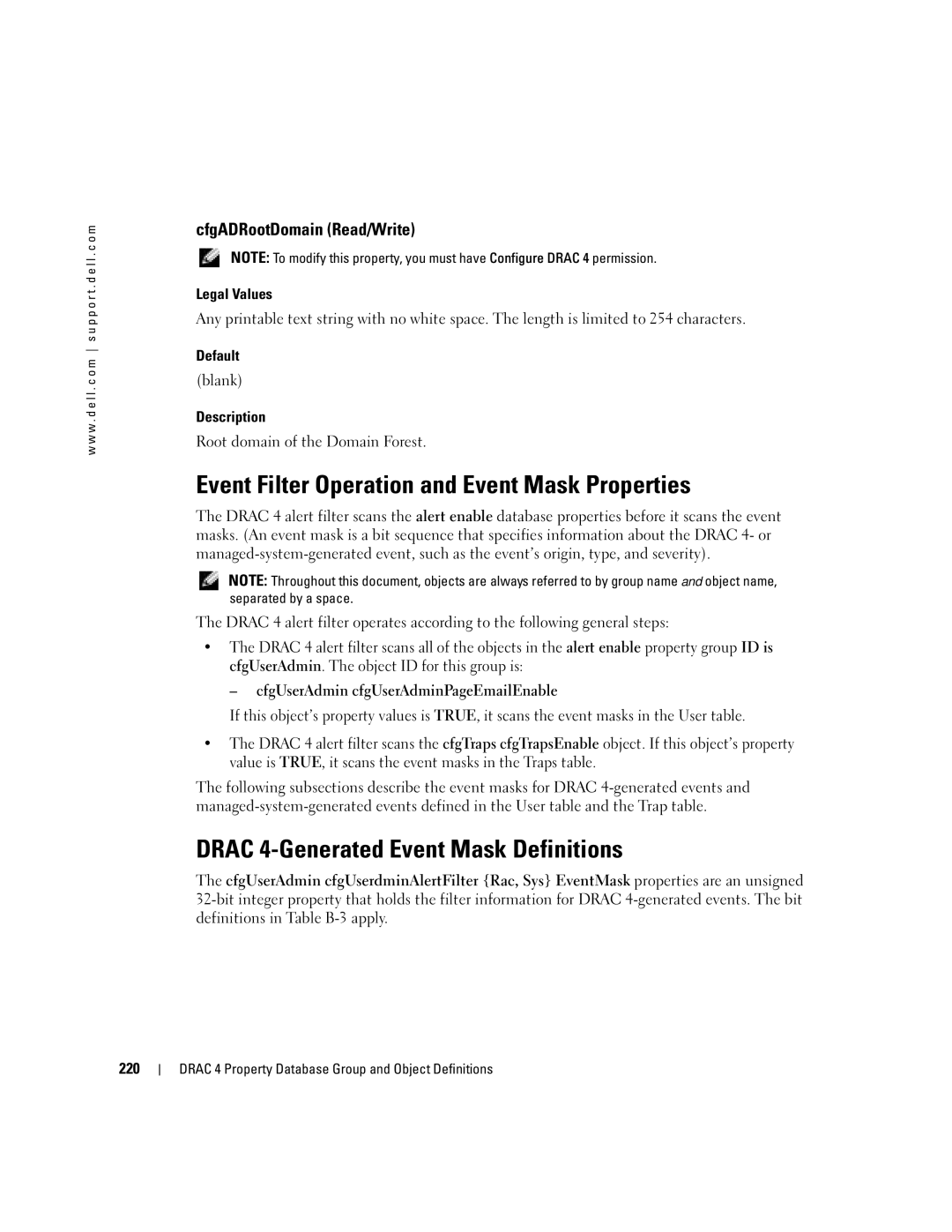 Dell Remote Access Controller 4 Firmware Version 1.30 manual Event Filter Operation and Event Mask Properties, 220 