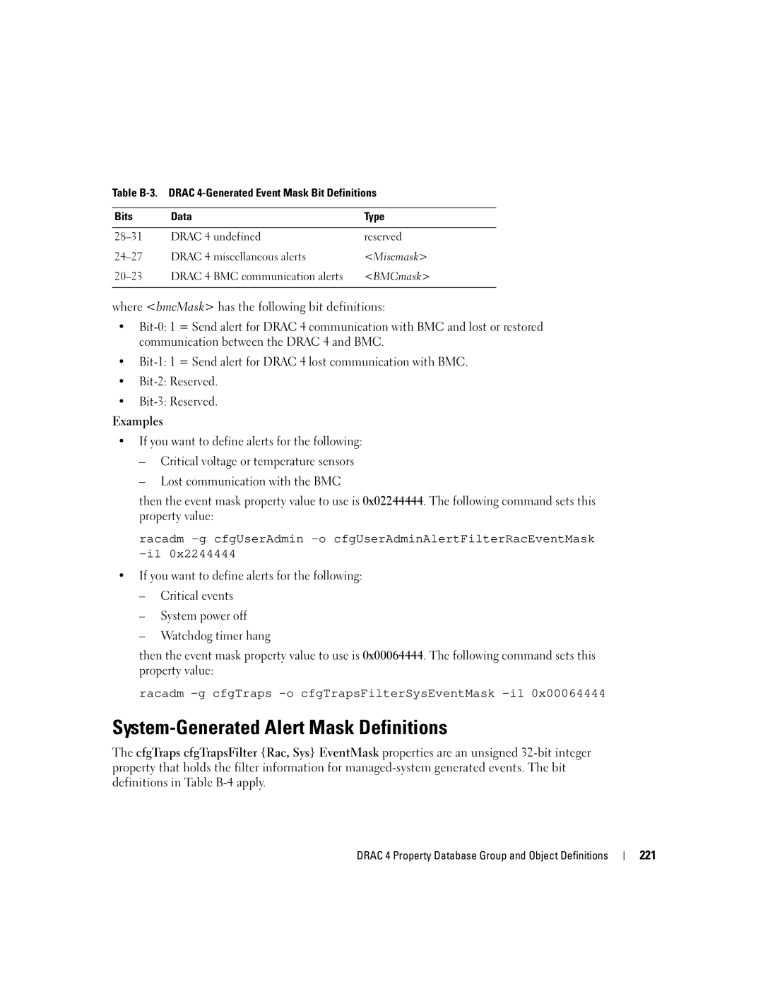 Dell Remote Access Controller 4 Firmware Version 1.30 System-Generated Alert Mask Definitions, 221, Miscmask, BMCmask 