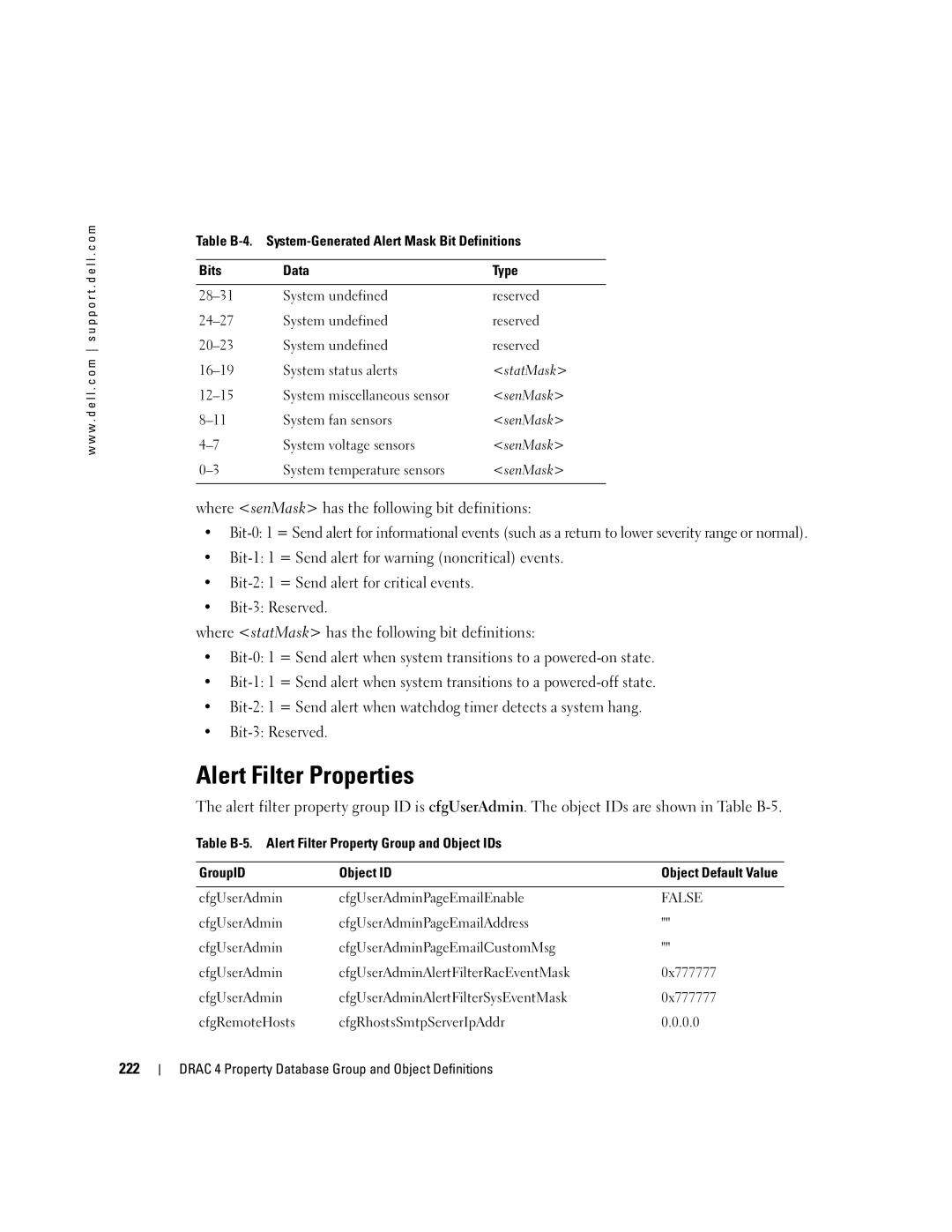 Dell Remote Access Controller 4 Firmware Version 1.30 manual Alert Filter Properties, 222, StatMask, SenMask 