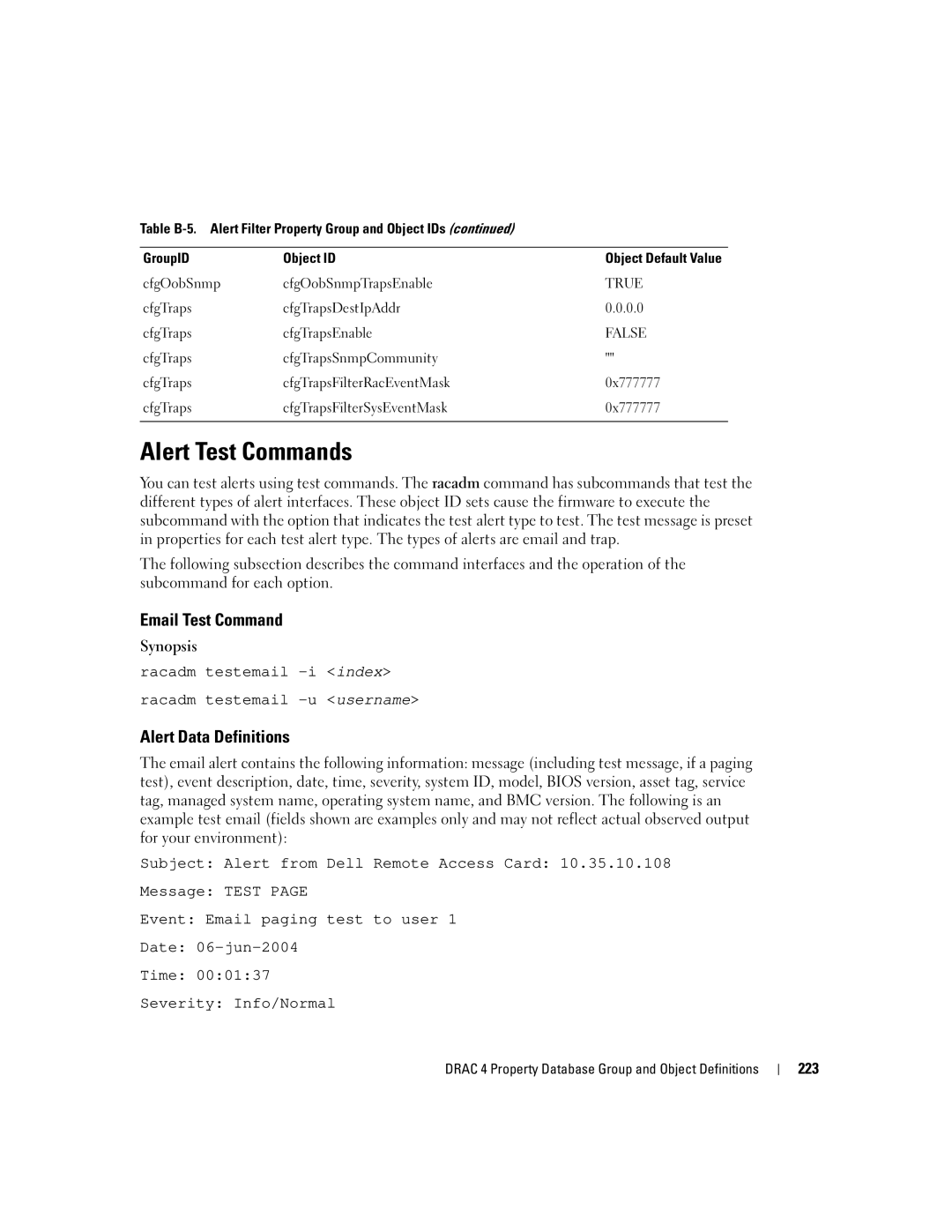 Dell Remote Access Controller 4 Firmware Version 1.30 Alert Test Commands, Email Test Command, Alert Data Definitions, 223 