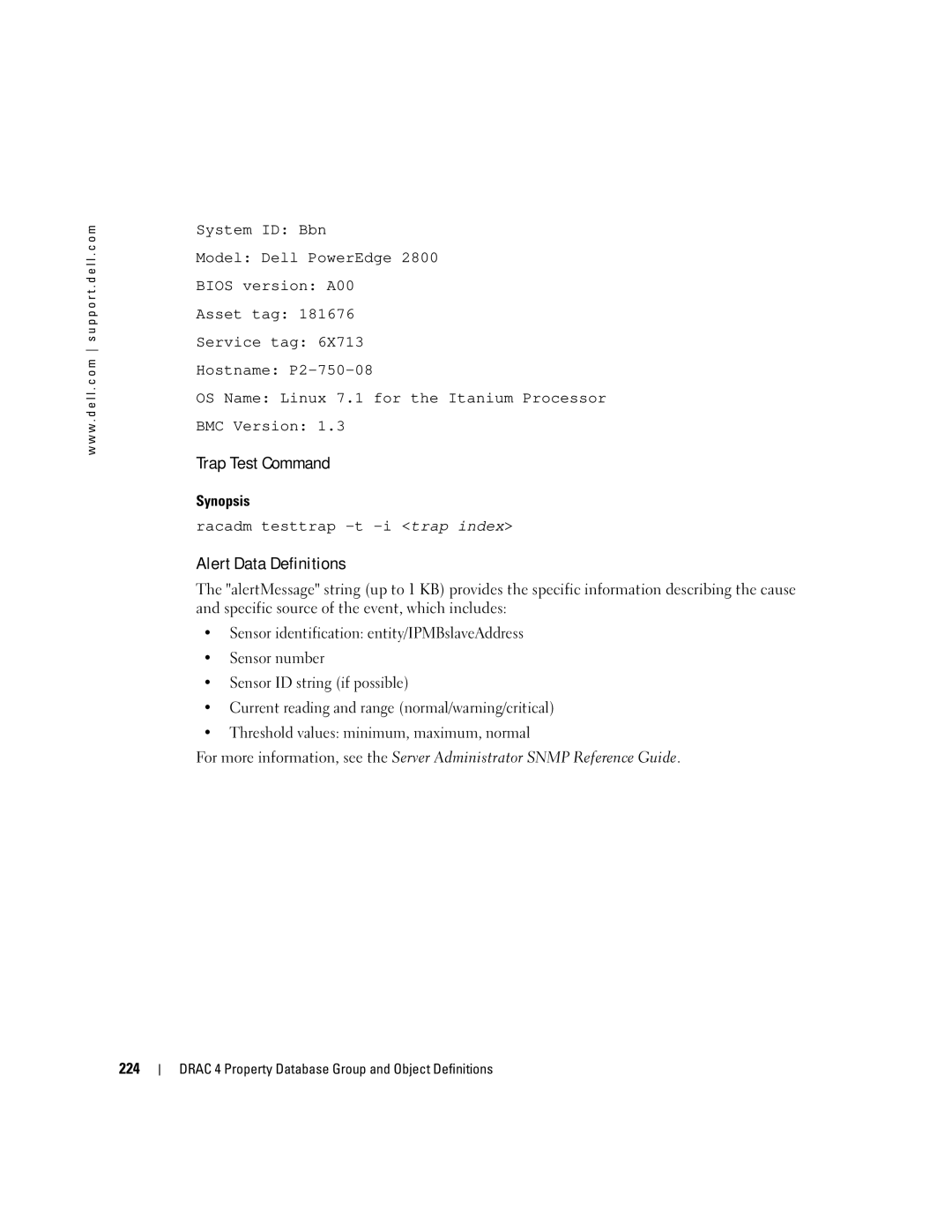 Dell Remote Access Controller 4 Firmware Version 1.30 Trap Test Command, Synopsis, Racadm testtrap -t -i trap index, 224 