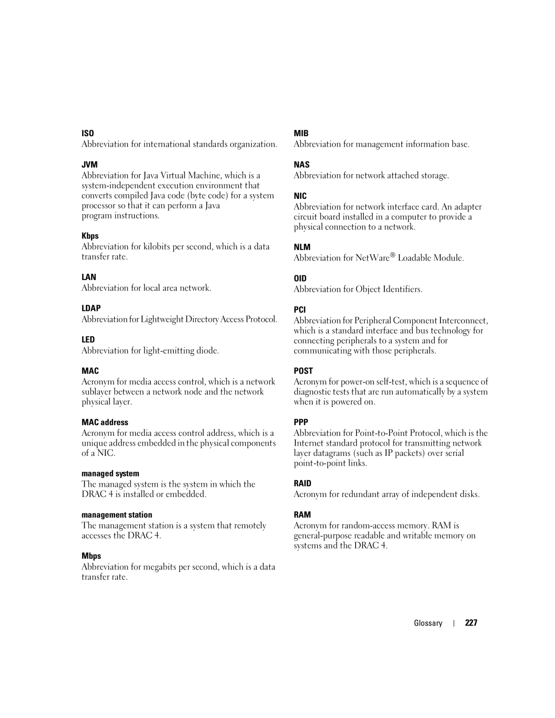 Dell Remote Access Controller 4 Firmware Version 1.30 manual Abbreviation for international standards organization, 227 