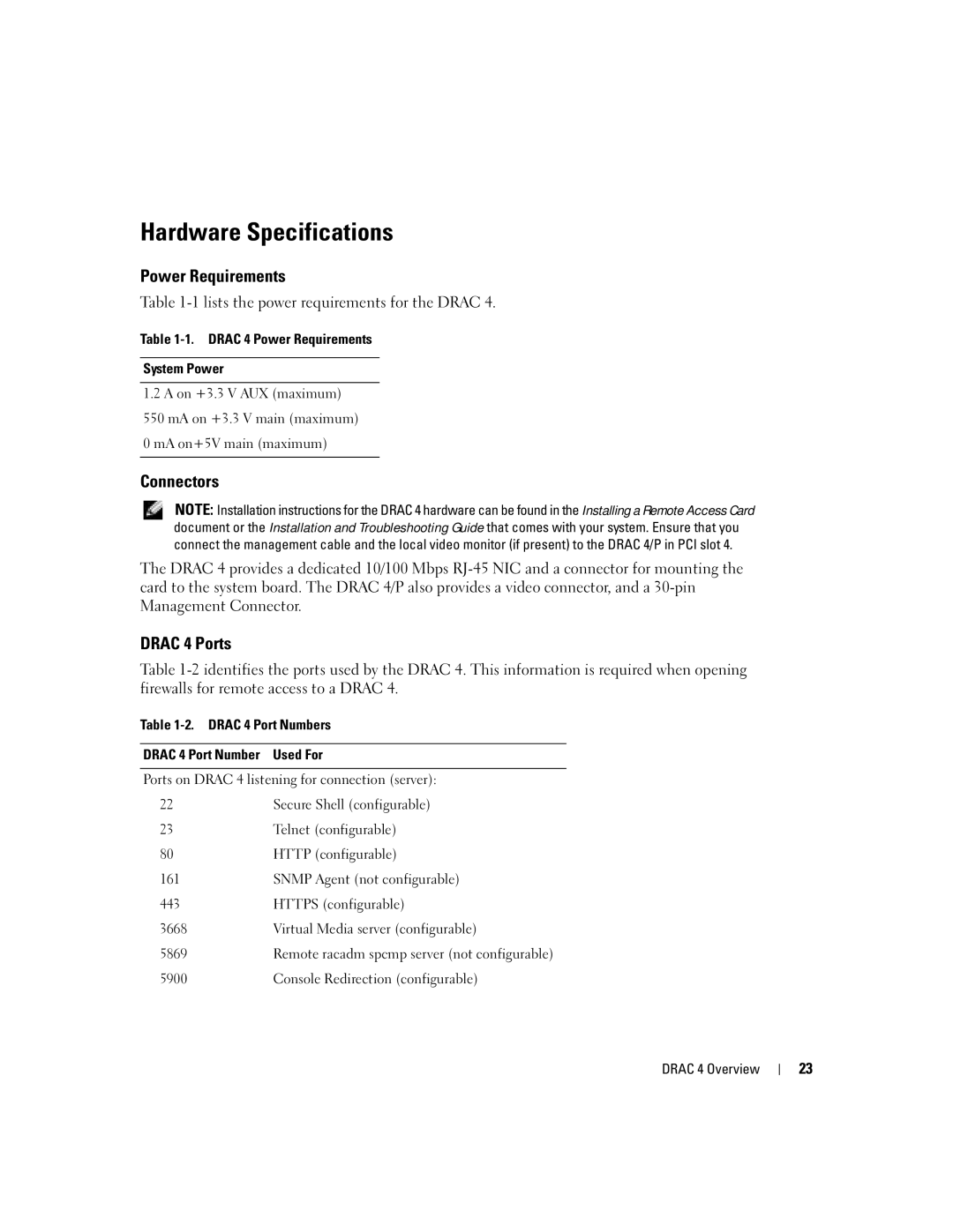 Dell Remote Access Controller 4 Firmware Version 1.30 manual Hardware Specifications, Power Requirements, Connectors 