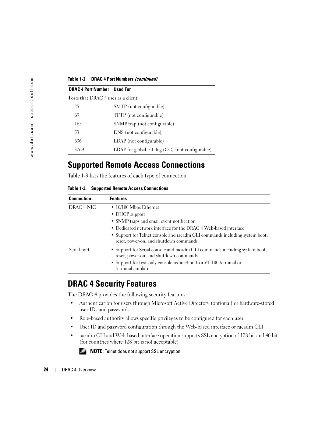 Dell Remote Access Controller 4 Firmware Version 1.30 manual Supported Remote Access Connections, Drac 4 Security Features 