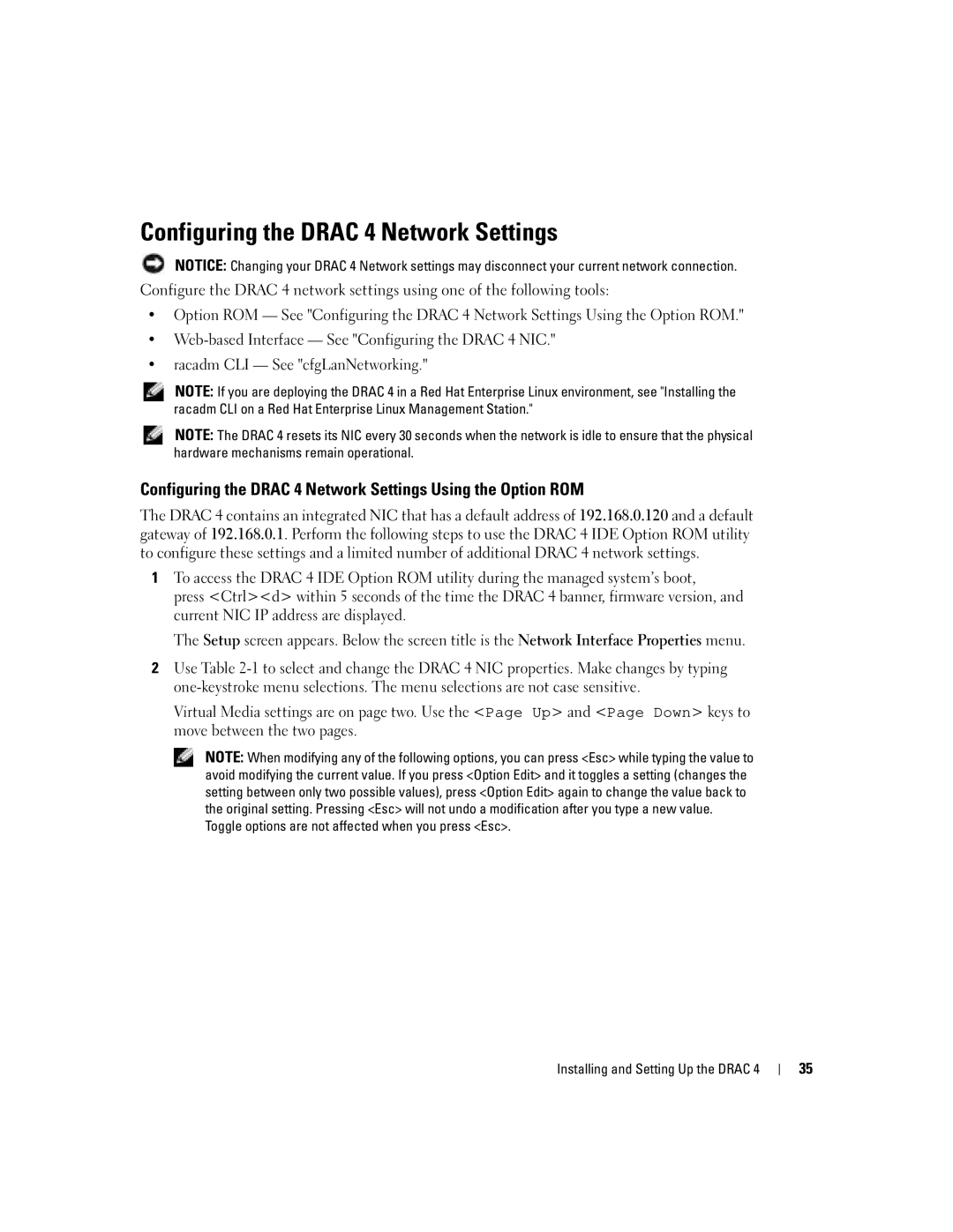 Dell Remote Access Controller 4 Firmware Version 1.30 manual Configuring the Drac 4 Network Settings 