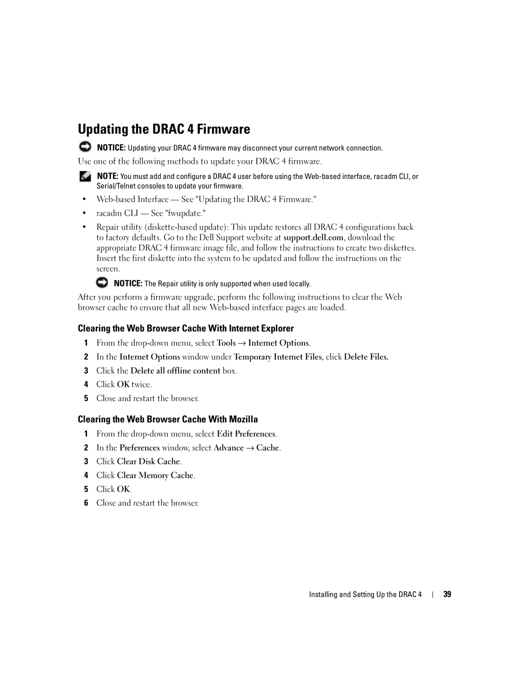 Dell Remote Access Controller 4 Firmware Version 1.30 manual Updating the Drac 4 Firmware 