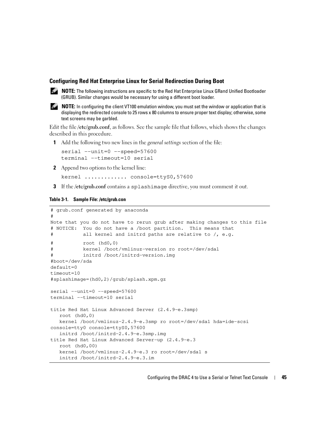 Dell Remote Access Controller 4 Firmware Version 1.30 manual Serial --unit=0 --speed=57600 terminal --timeout=10 serial 