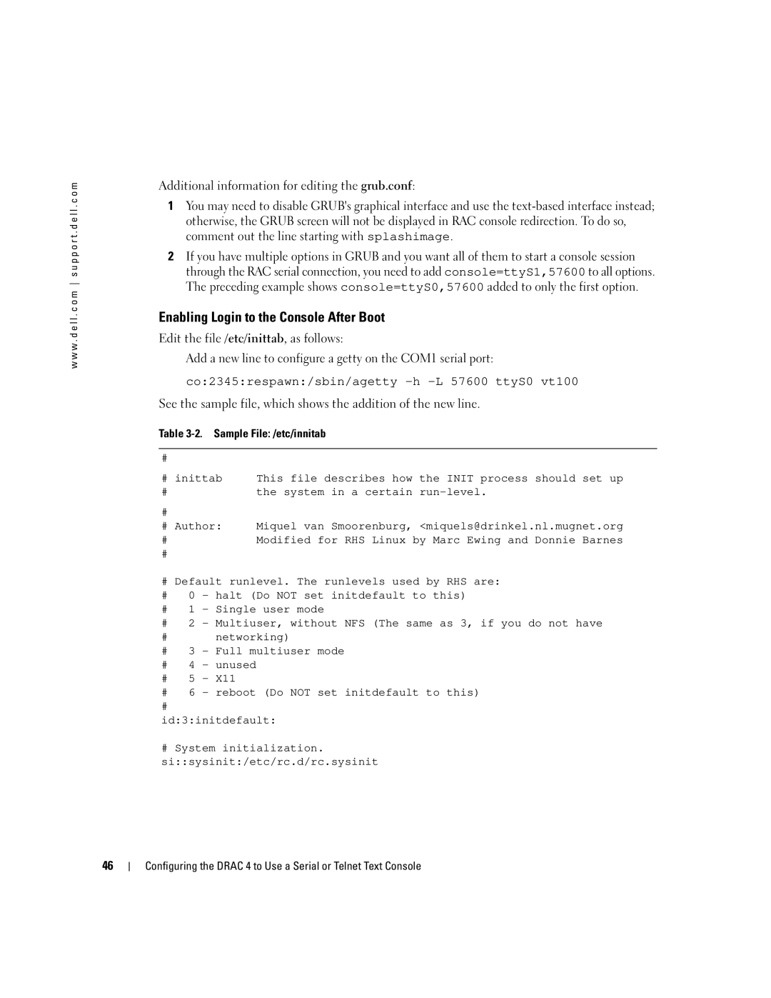 Dell Remote Access Controller 4 Firmware Version 1.30 Enabling Login to the Console After Boot, Sample File /etc/innitab 