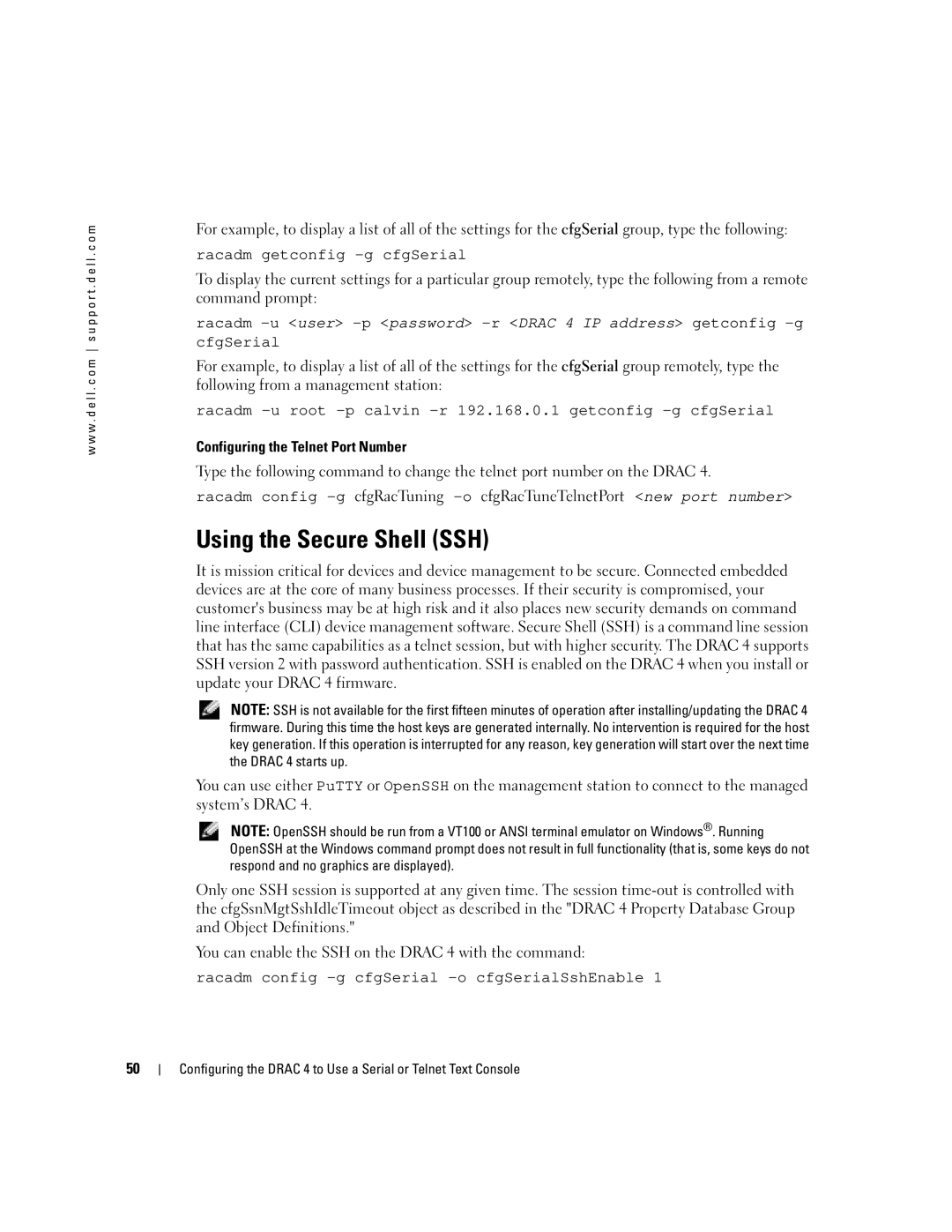 Dell Remote Access Controller 4 Firmware Version 1.30 manual Using the Secure Shell SSH, Racadm getconfig -g cfgSerial 