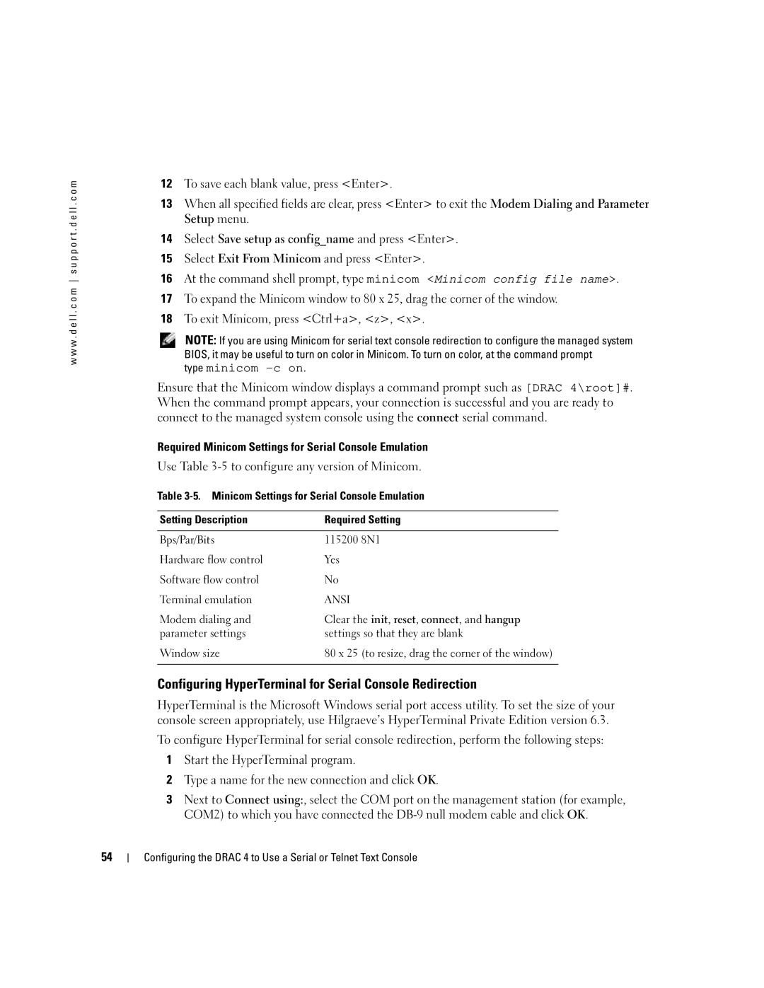 Dell Remote Access Controller 4 Firmware Version 1.30 manual Configuring HyperTerminal for Serial Console Redirection 