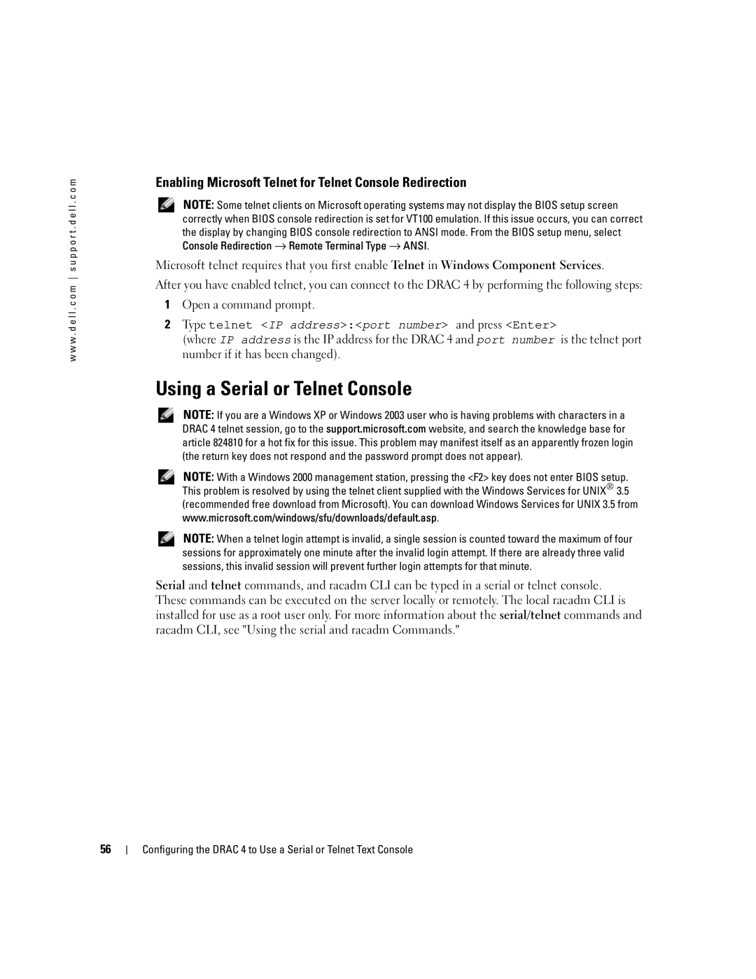 Dell Remote Access Controller 4 Firmware Version 1.30 manual Using a Serial or Telnet Console 