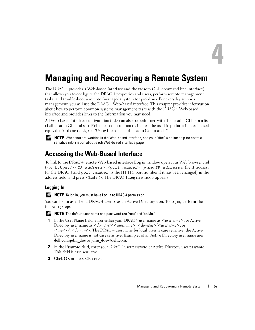 Dell Remote Access Controller 4 Firmware Version 1.30 manual Accessing the Web-Based Interface, Logging 