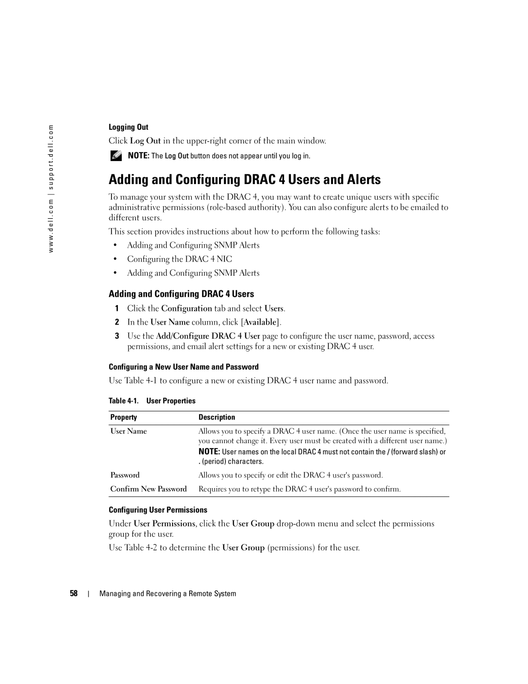 Dell Remote Access Controller 4 Firmware Version 1.30 Adding and Configuring Drac 4 Users and Alerts, Period characters 