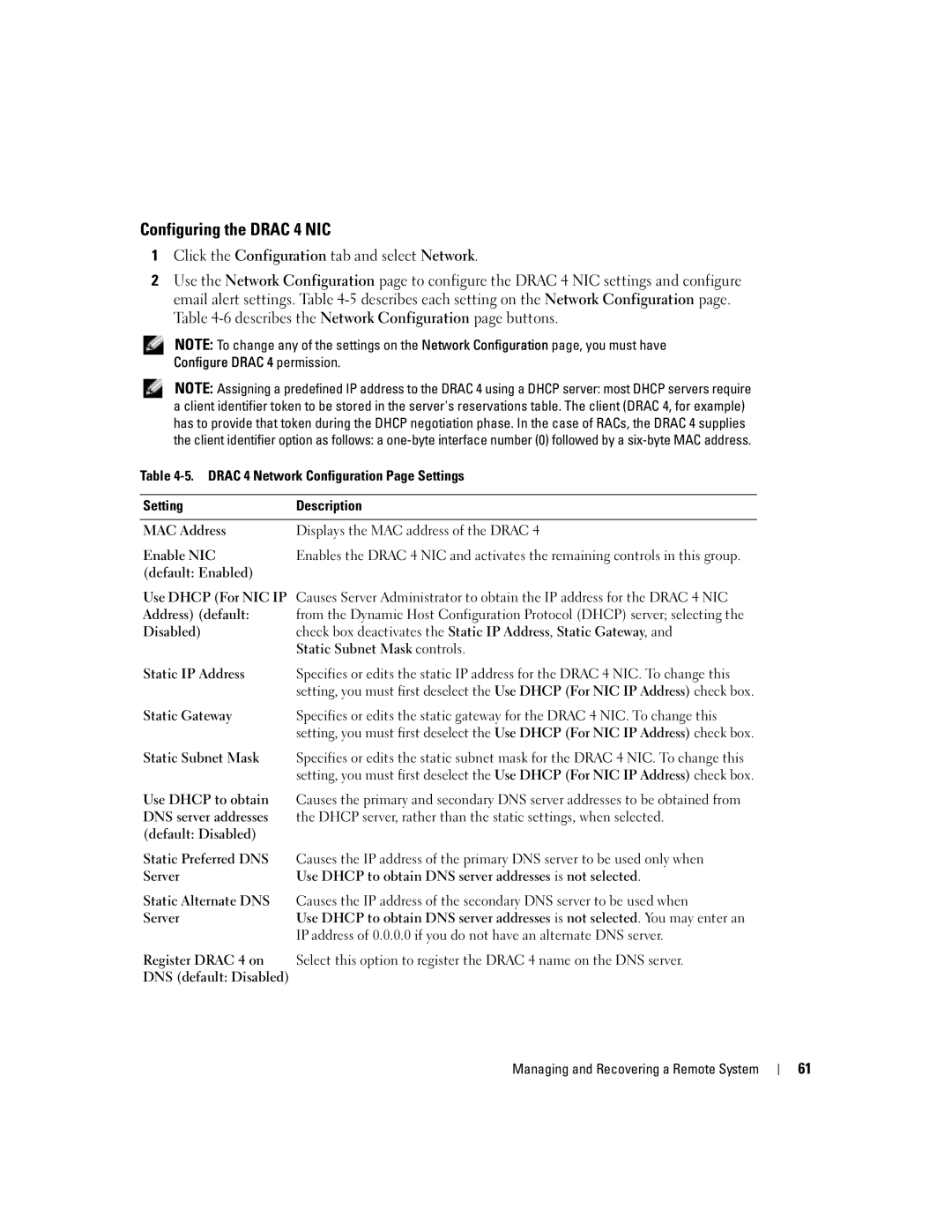 Dell Remote Access Controller 4 Firmware Version 1.30 manual Configuring the Drac 4 NIC 