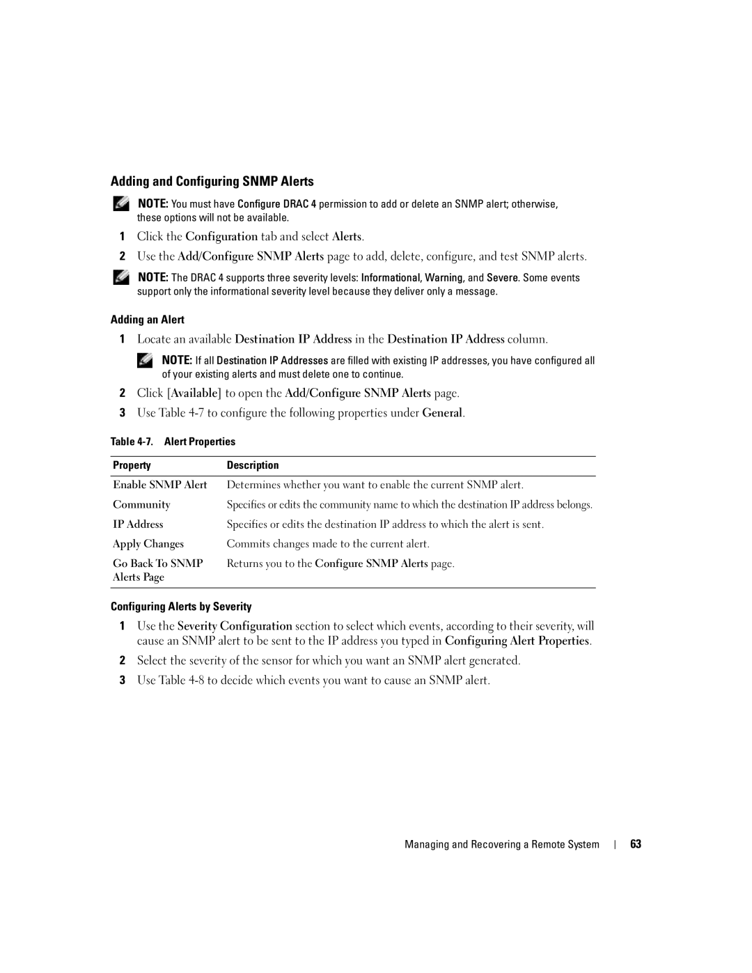 Dell Remote Access Controller 4 Firmware Version 1.30 Adding and Configuring Snmp Alerts, Configuring Alerts by Severity 