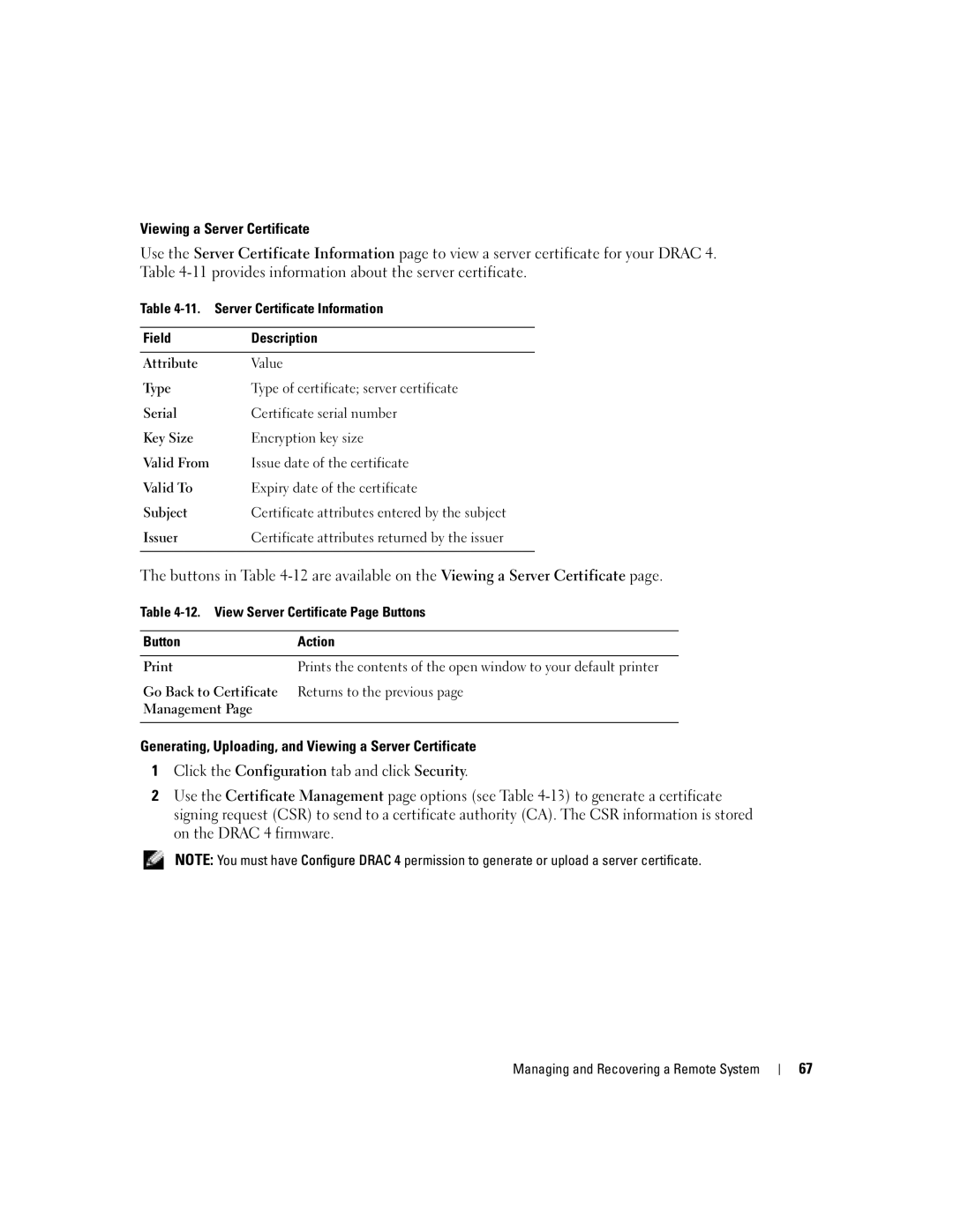 Dell Remote Access Controller 4 Firmware Version 1.30 manual Type, Serial, Key Size, Valid From, Valid To, Subject, Issuer 